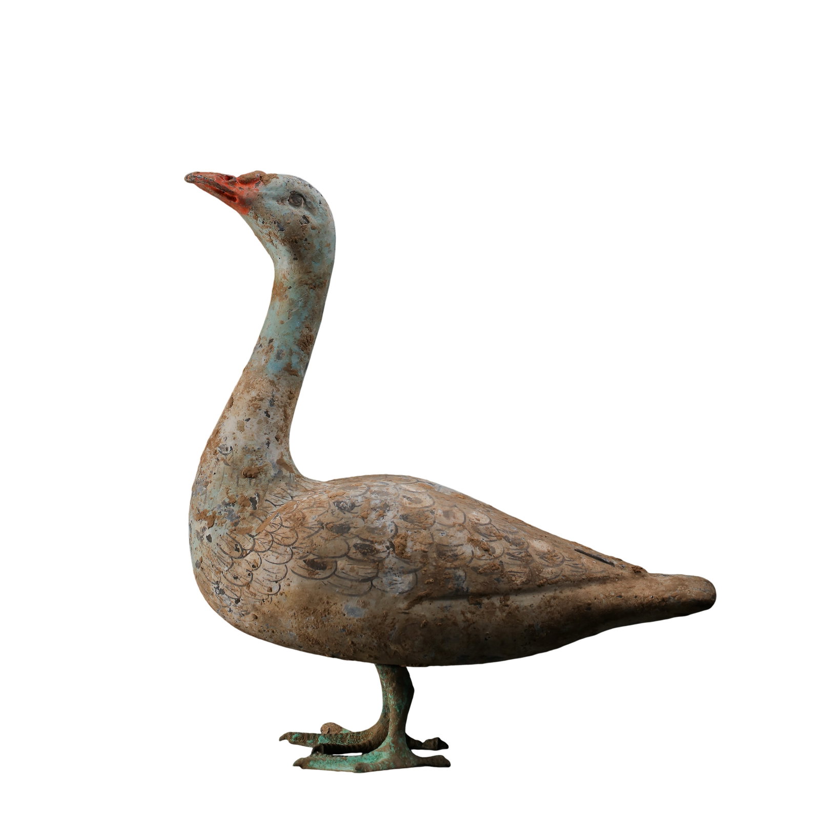 Han Dynasty (2nd Century BCE–2nd Century CE) Painted Pottery Goose Figure with Bronze Feet: Size: Height 23 cm (9.06 in), Length 22 cm (8.66 in), Weight 719 g (1.58 lb), approximately 0.76 ft; Han Dynasty funerary pottery figure?Condition & Provenance: Good overall condition with preserved