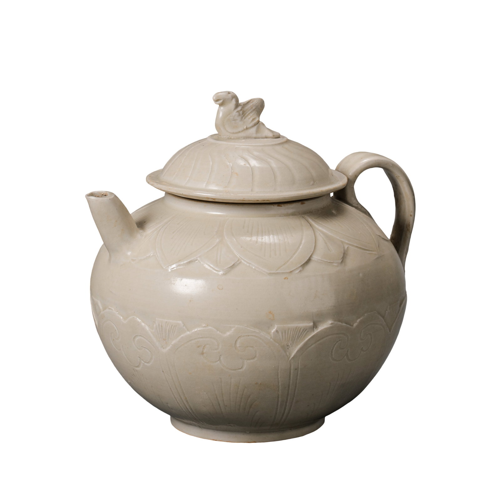Northern Song Dynasty (11th Century) White Glazed Carved Lotus Pattern Ewer with Bird Finial: Dimensions: Height 15 cm (5.9 in), maximum body diameter 17 cm (6.7 in), 11th Century?Condition & Provenance: Overall well preserved with the original cover and complete form. The rim, handle, and