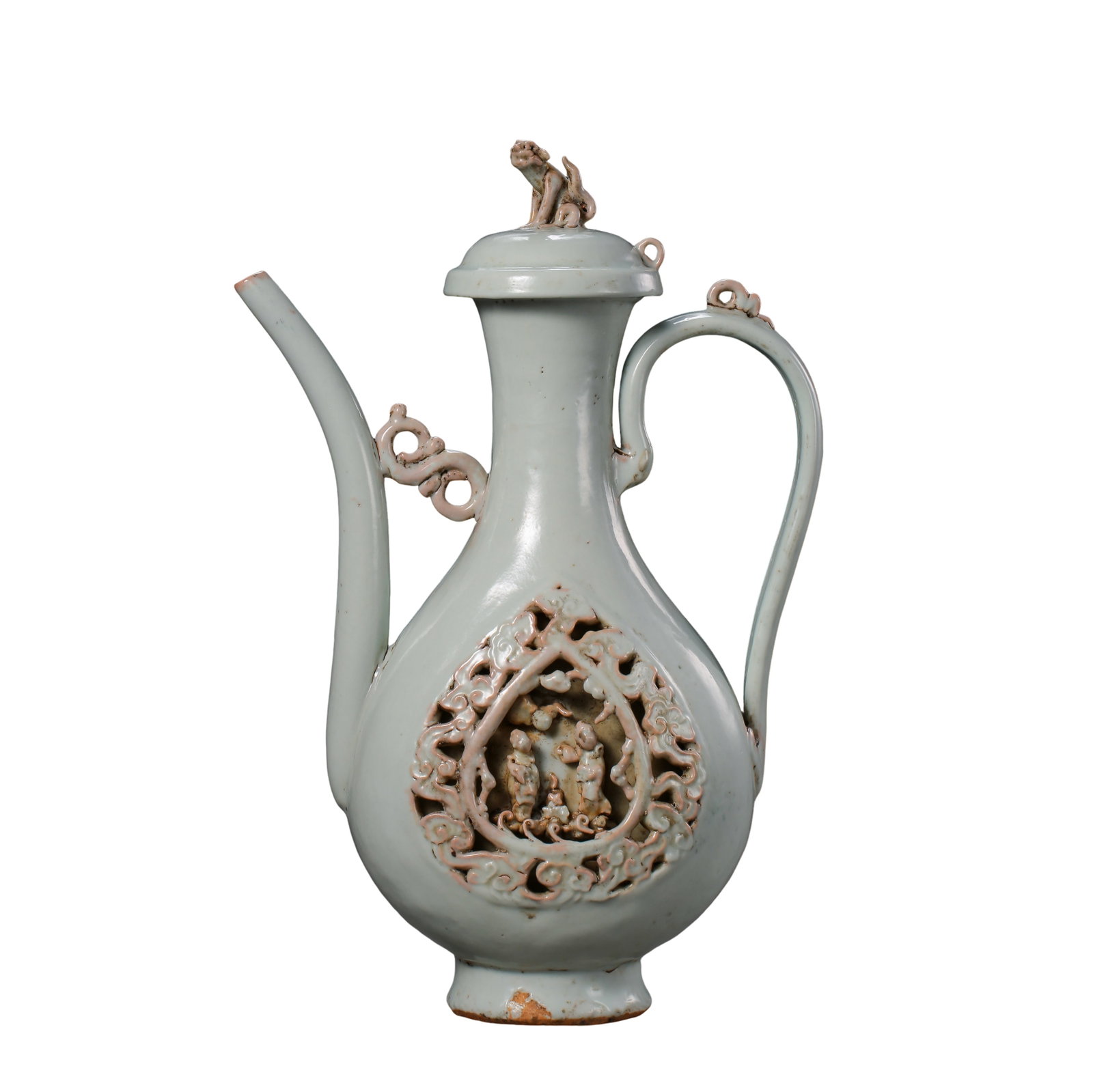 Yuan Dynasty (14th Century) Qingbai Glazed Openwork Ewer with Mythical Beast Finial and Figural: Dimensions: Height 28 cm / 11.0 in, Width 19 cm / 7.5 in; Yuan Dynasty, 14th Century?Condition & Provenance: Overall in good condition with expected age-related surface characteristics. The original