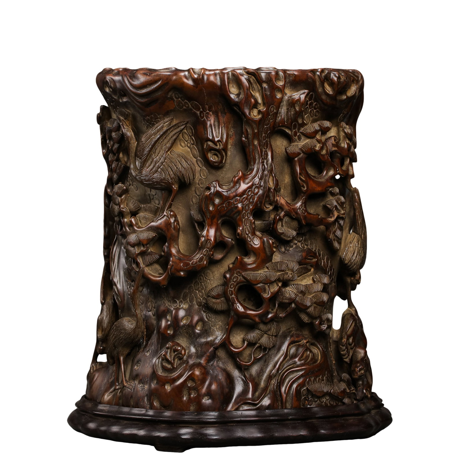 Mid Qing Dynasty (18th Century) Large Wood Carved “Pine and Cranes Symbolizing Longevity?? Brush: Dimensions: H 27.5 cm (10.83 in), Diameter 22 cm (8.66 in), Weight 5550 g (12.24 lb), Qing Dynasty 18th Century?Condition & Provenance: Well preserved with a warm aged patina, showing natural signs of