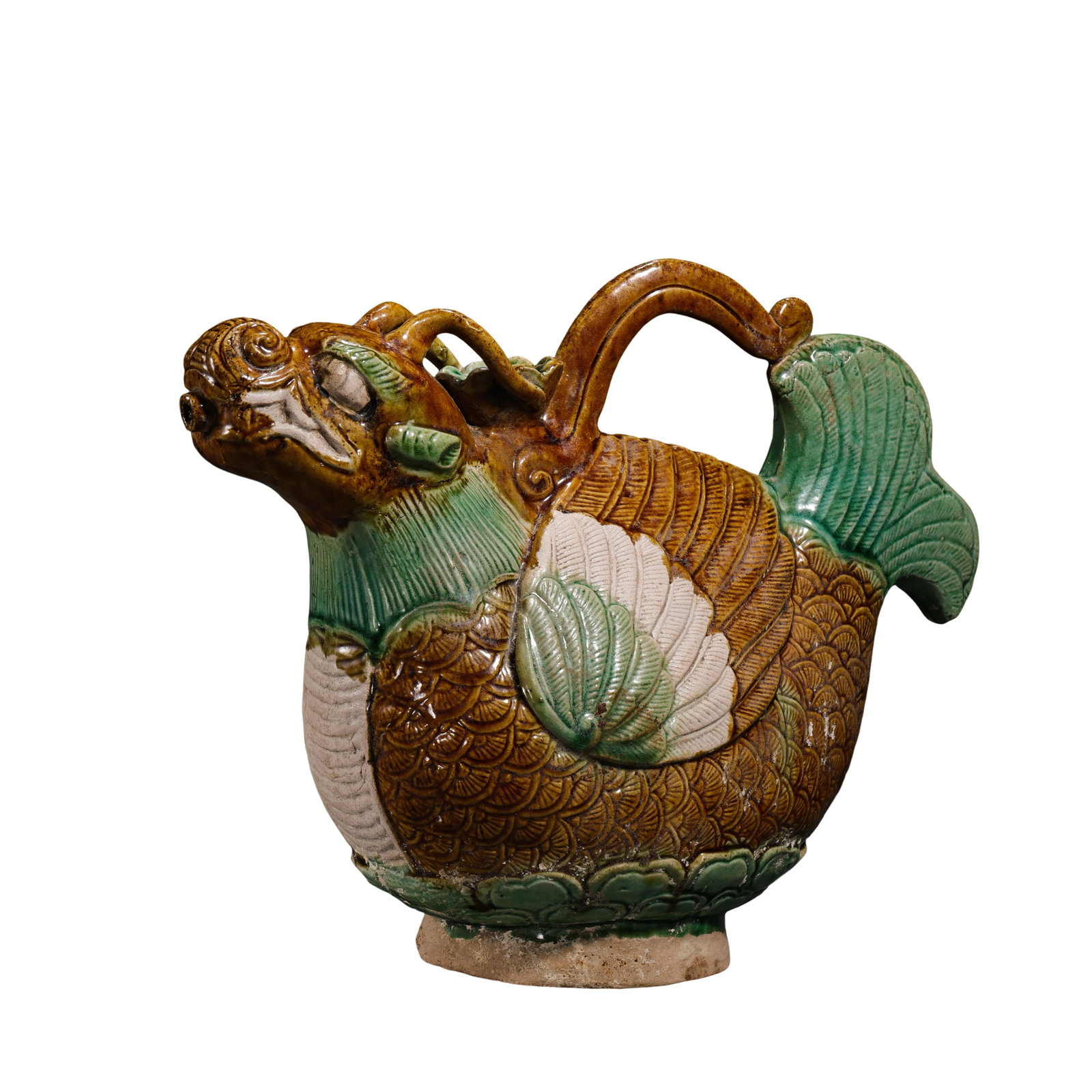 Liao Dynasty (907–1125) Liao Sancai Mythical Makara Fish-Shaped Ewer: Size: Height 20cm (7.87 in), Length 25cm (9.84 in), Liao Dynasty (10th–12th Century)?Condition & Provenance: The ewer remains in very good condition with a well-preserved sculptural form, luminous