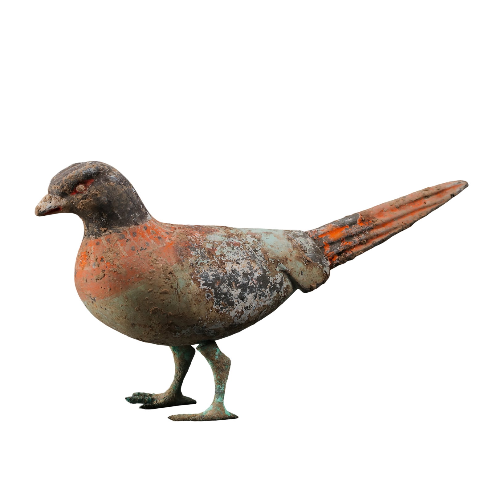 Western Han Dynasty (2nd Century BCE–1st Century CE) Painted Bronze Pheasant Figure: Dimensions: Length 18 cm (7.09 in), Height 10 cm (3.94 in), Weight 174 g (0.38 lb), 2nd Century BCE–1st Century CE?Condition & Provenance: Condition: Well preserved overall with extensive remains