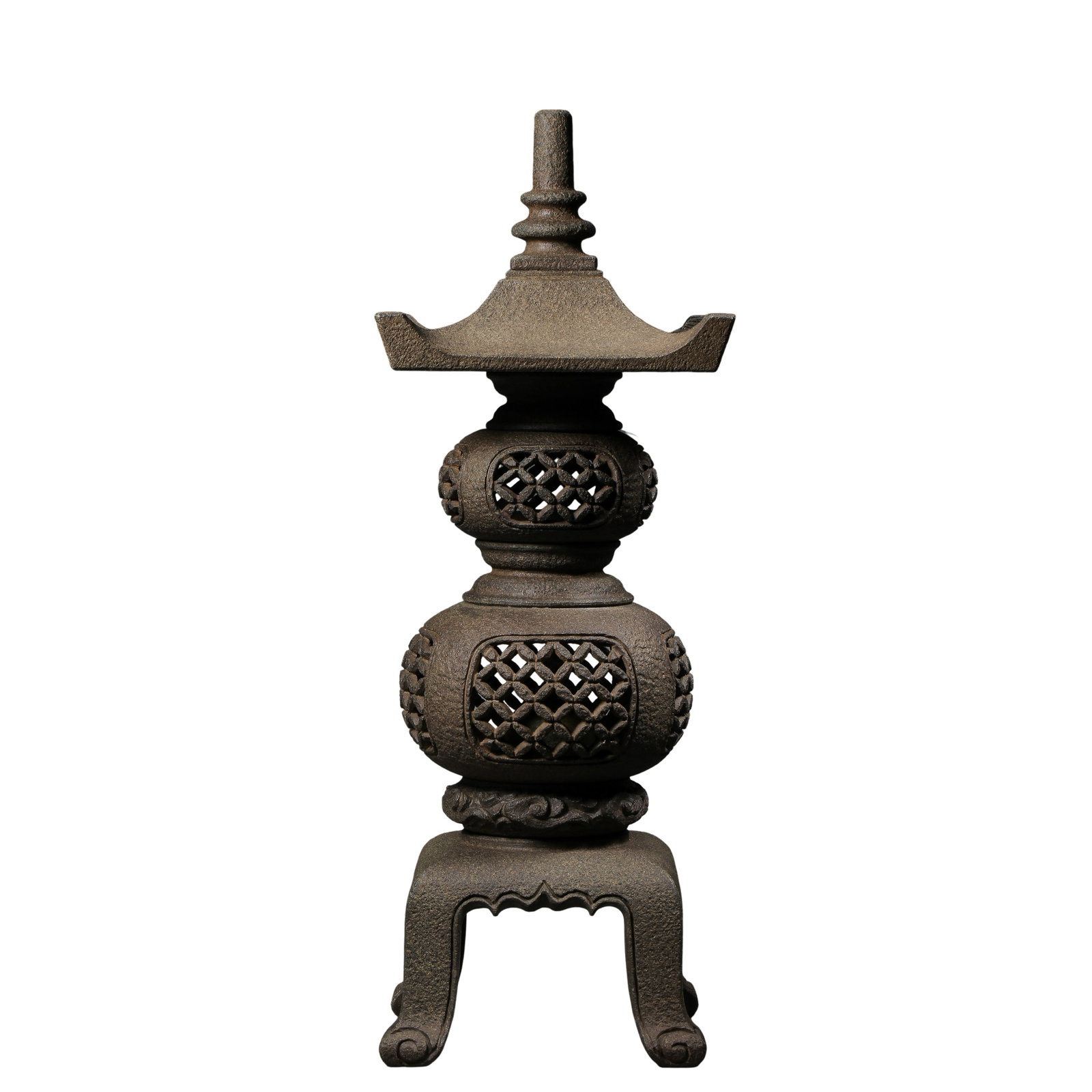 Ming Dynasty Cast Iron Openwork Gourd-Form Incense Tower Lamp with Ancient Glass Vessel and Bead: Size: Height 38 cm (14.96 in); accompanying ancient glass bottle height 4.5 cm (1.77 in)?Condition & Provenance: Good overall condition. The iron surface displays a naturally formed aged patina with a
