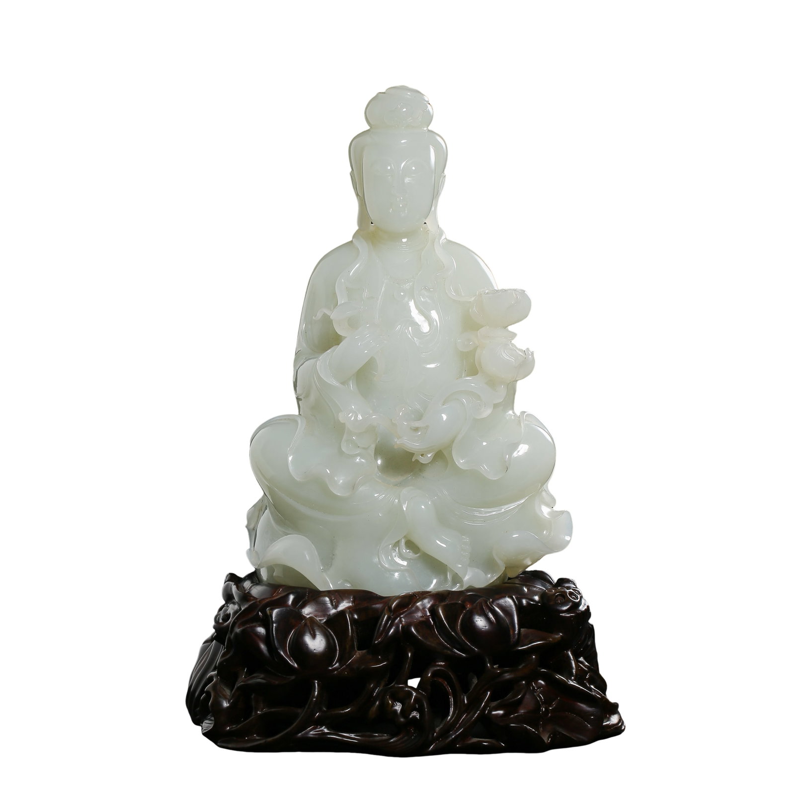 Qing Dynasty (18th Century) Hetian White Jade Guanyin Seated Figure Holding Lotus (1 of 11)