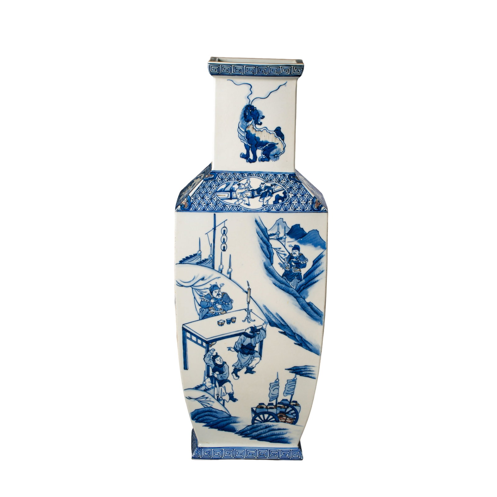 Blue and White Square Baluster Vase with Historical Figures and Narrative Scenes, Marked “Da Qing: Dimensions: Height 49 cm, mouth width 11.5 cm (approx. 19.3 in high, 4.5 in mouth width), 18th Century, weight not provided?Condition & Provenance: Overall well preserved with a warm glaze surface,