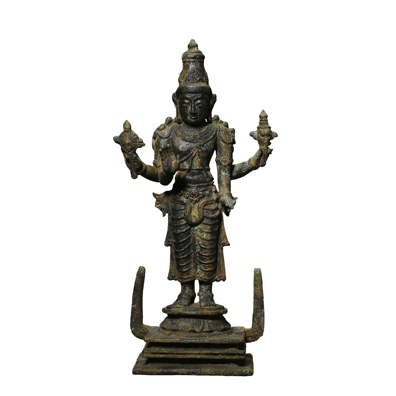 Khmer Empire 12th–13th Century Bronze Four-Armed Guardian Deity Figure (1 of 10)