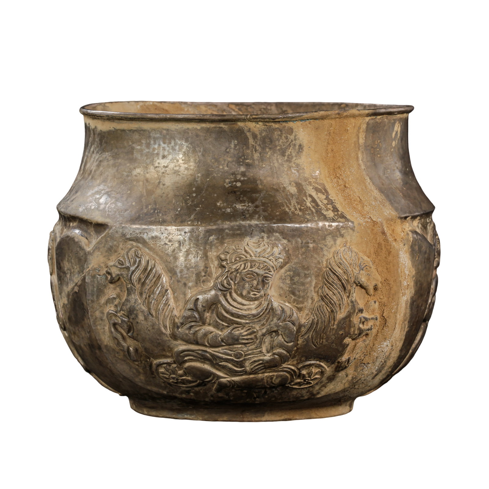 Tang Dynasty (7thâ€“9th Century) Silver RepoussÃ© Cup with Figural and Galloping Horse Decoration: Size: Diameter 15 cm, Height 12.5 cm, Weight 382 g; 7th–9th Century, approximately 5.9 in diameter and 4.9 in height?Condition & Provenance: The vessel remains well preserved with a complete silver 