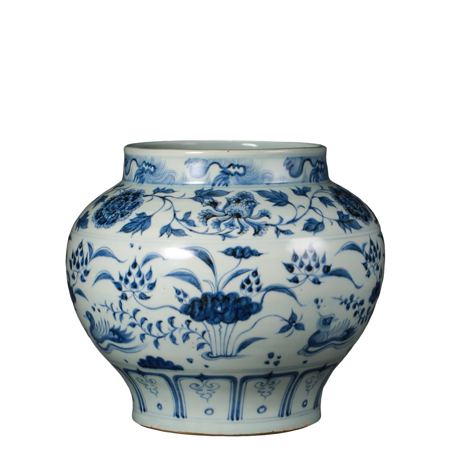 Yuan Dynasty (14th Century) Blue and White Floral, Lotus Pond and Mandarin Duck Decorated Jar: Measurements: Mouth diameter 16.5 cm, height 22 cm; approximately mouth diameter 6.5 in, height 8.7 in; Yuan Dynasty, 14th Century?Condition & Provenance: The jar is in good overall condition with a b