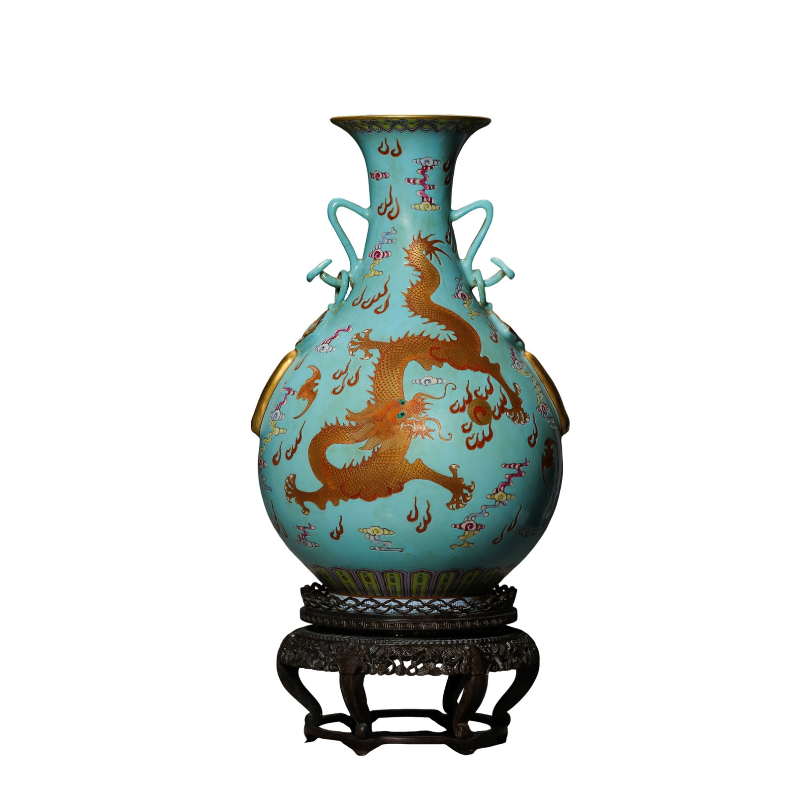 Qianlong Period, Qing Dynasty (18th Century) Turquoise-Ground Famille Rose and Gilt Copper-Red: Dimensions: Mouth diameter 10.5 cm, Height 33 cm (approx. 4.1 in × 13 in), 18th Century, accompanied by original carved wooden stand?Condition & Provenance: Very good overall condition, with well-pre