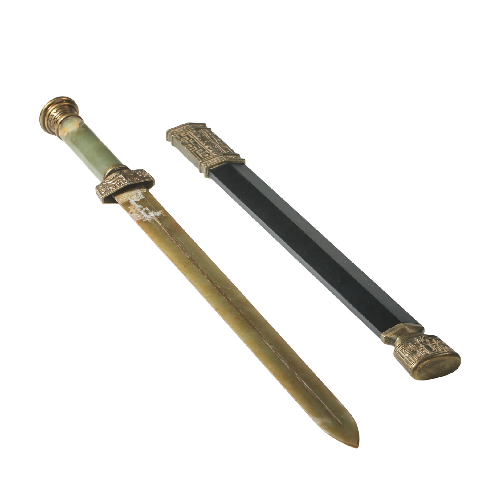 Qing Dynasty (18th Century) Hetian Green Jade Mounted Sword with Gilt Bronze Fittings and Black: Dimensions: Overall length 49.8 cm, width 4.3 cm (approx. 19.6 in × 1.7 in), weight 388 g (approx. 0.86 lb), 18th Century?Condition & Provenance: Very good overall condition. The Hetian jade blade is