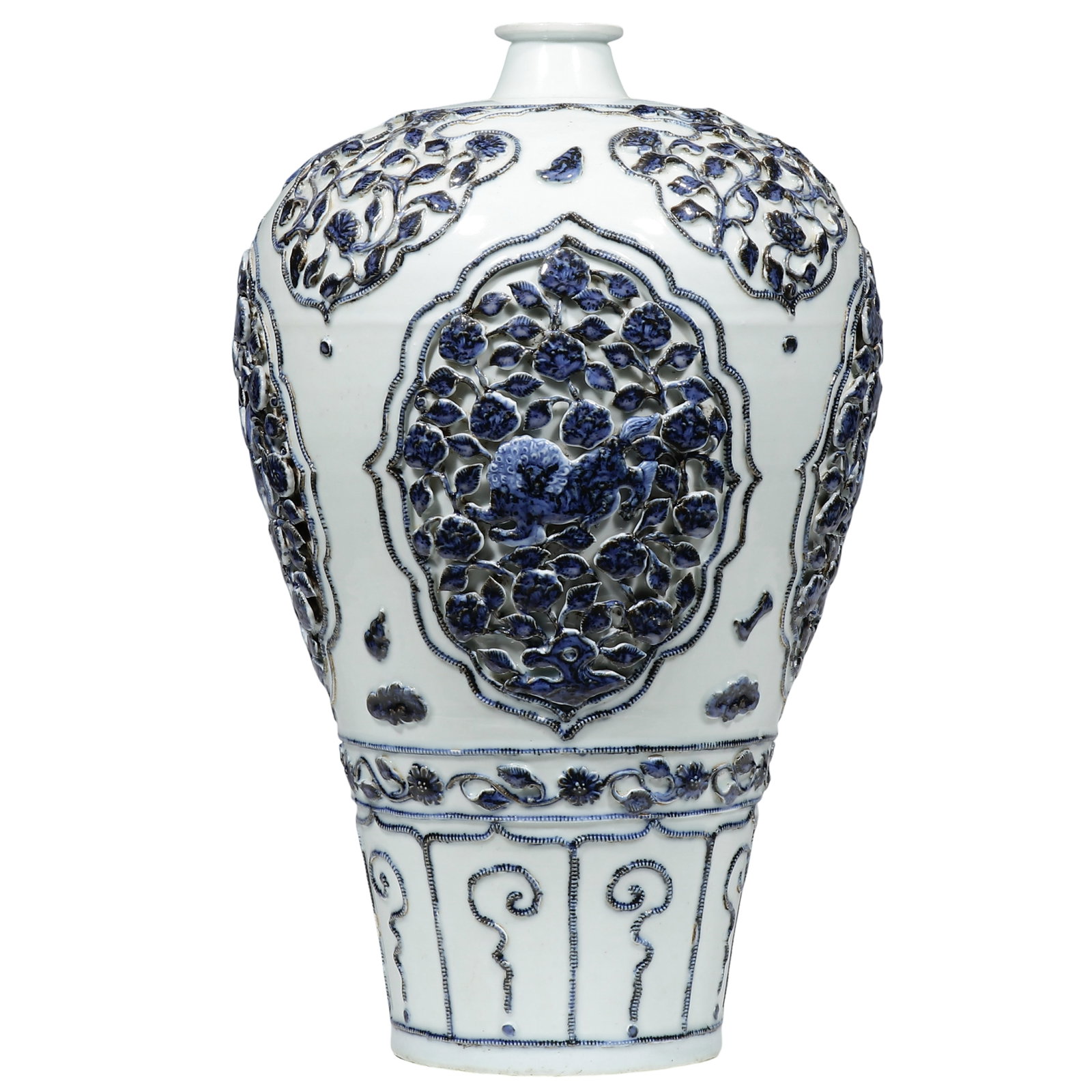 Dynasty Blue-and-White Applied-Relief Meiping with Auspicious Lions and Floral Panels: Dimensions 42 cm (approximately 16.54 in); Yuan Dynasty, 13th–14th century?Condition and Provenance in well-preserved condition, retaining its complete mouth, short neck, broad shoulders, body, and 
