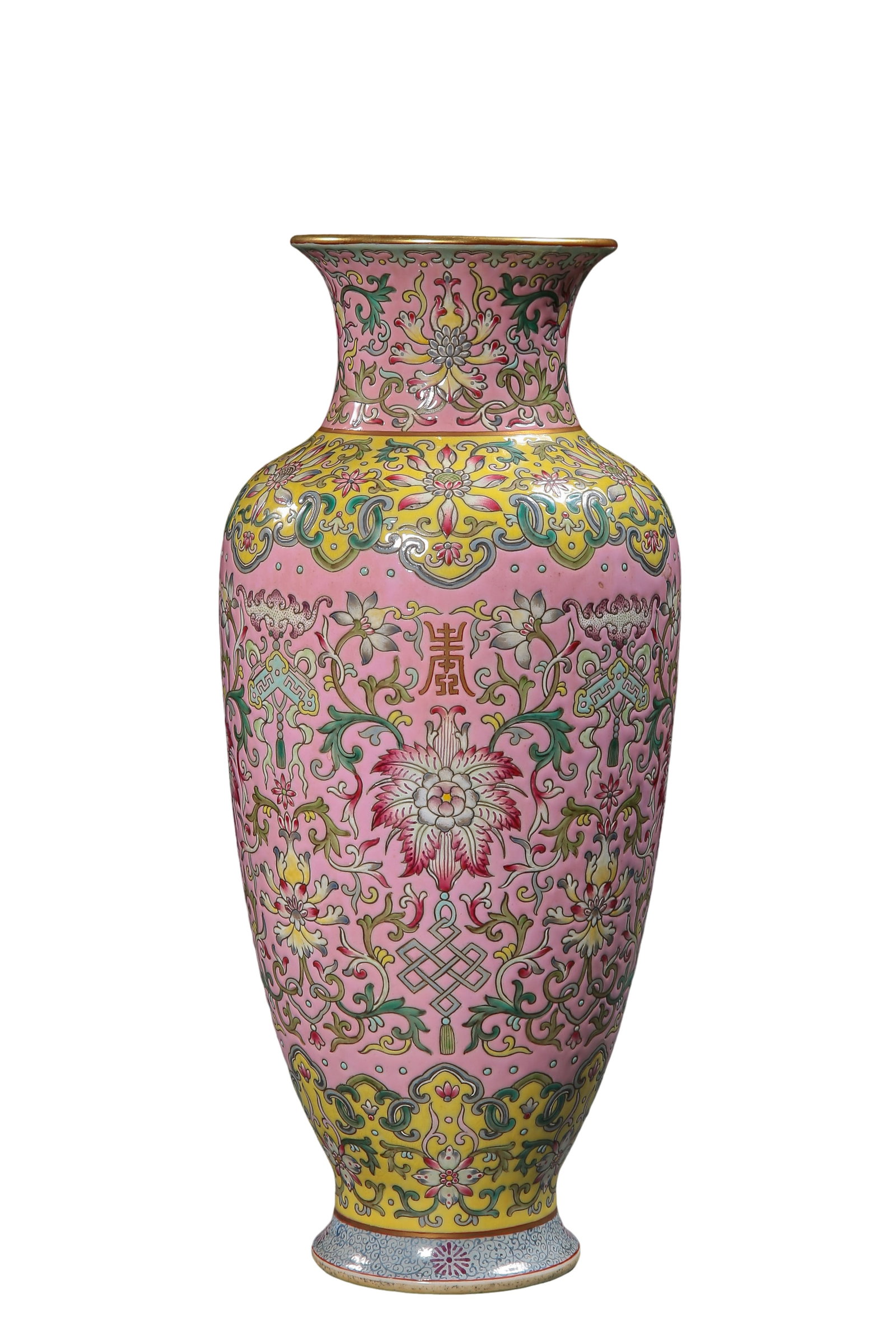 Qing Dynasty, Qianlong Period (1736â€“1795, 18th Century) Famille Rose Pink-Ground Vase with Lotus: Dimensions: Height 26 cm (10.2 in), Mouth Diameter 8.2 cm (3.2 in), 18th Century Qing Imperial Decorative Porcelain?Condition & Provenance: Overall excellent condition with well-preserved enamel decor