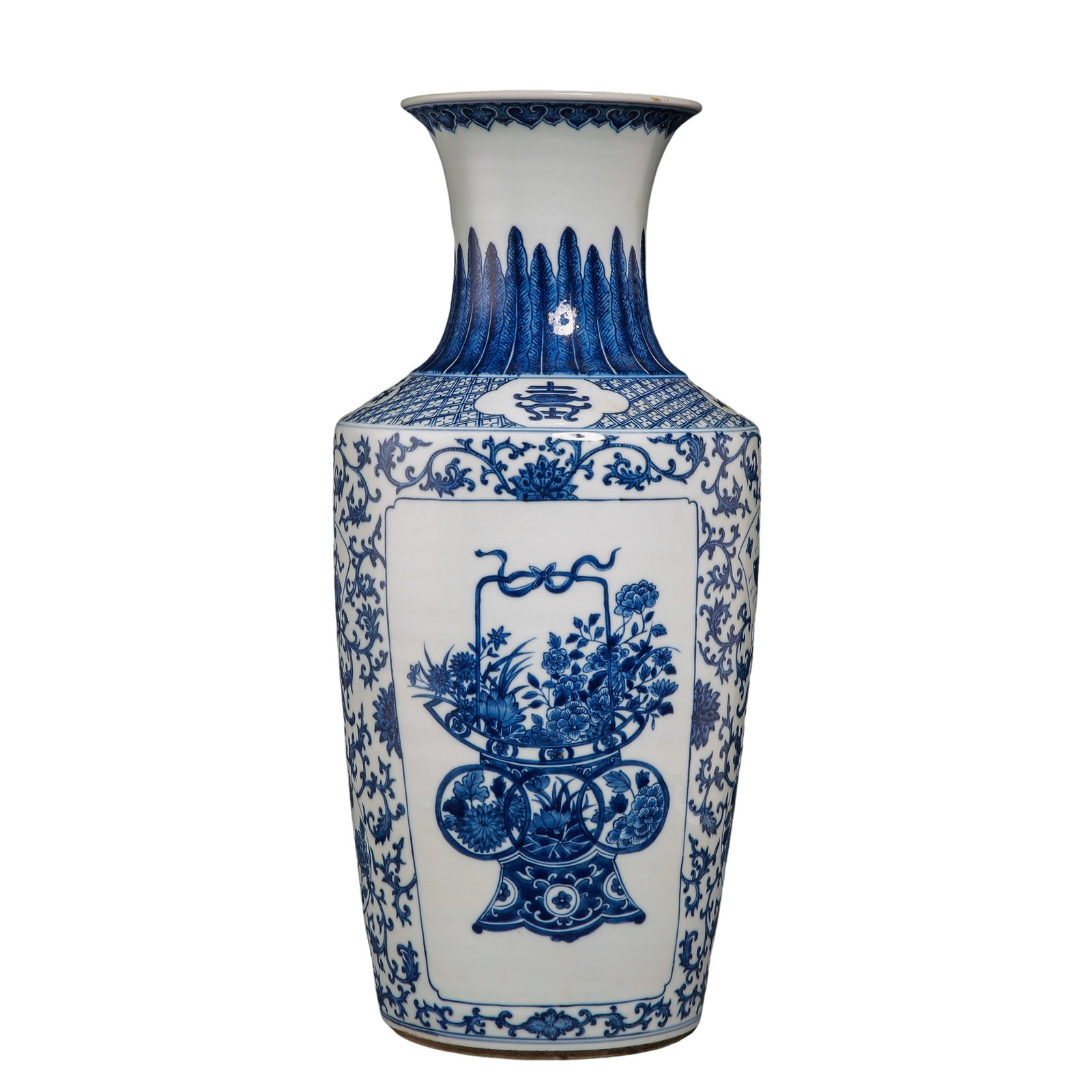 Kangxi Period, Qing Dynasty (1662–1722) Blue and White Lotus Scroll, Floral Basket and Antiquities: Dimensions: Height 50cm (19.69 in), Mouth Diameter 16cm (6.30 in), Qing Dynasty 17th–18th Century?Condition & Provenance: Good overall condition with well-preserved body, vivid blue decoration, and 
