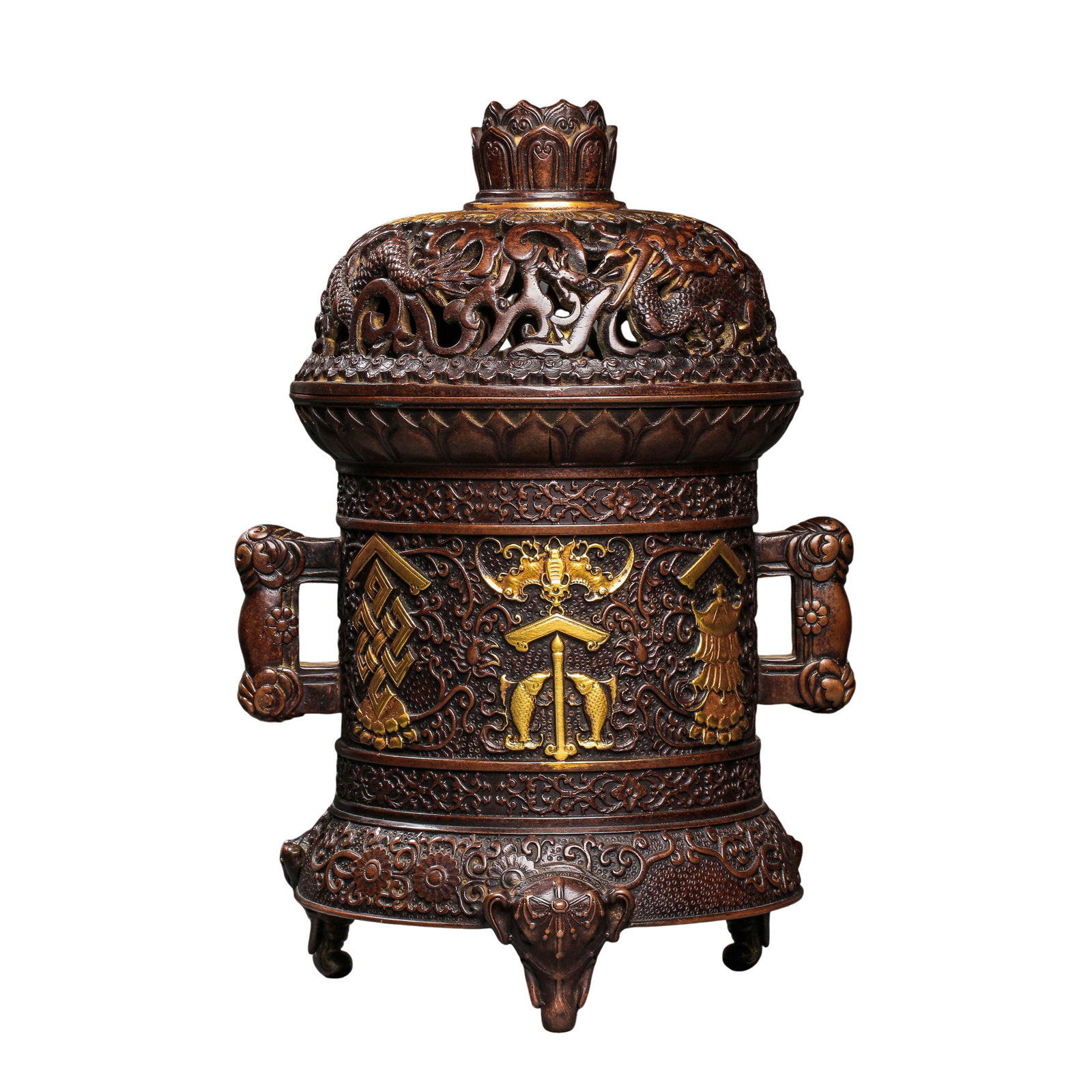 Ming Dynasty, Xuande Period (1426–1435) Gilt Bronze Dragon and Eight Buddhist Auspicious Symbols: Dimensions: H 27 cm (10.6 in), Diameter 18 cm (7.1 in), Weight 4212 g (9.3 lb), 15th Century, Ming Dynasty Xuande Period?Condition & Provenance: The piece is well preserved with a heavy bronze body, r