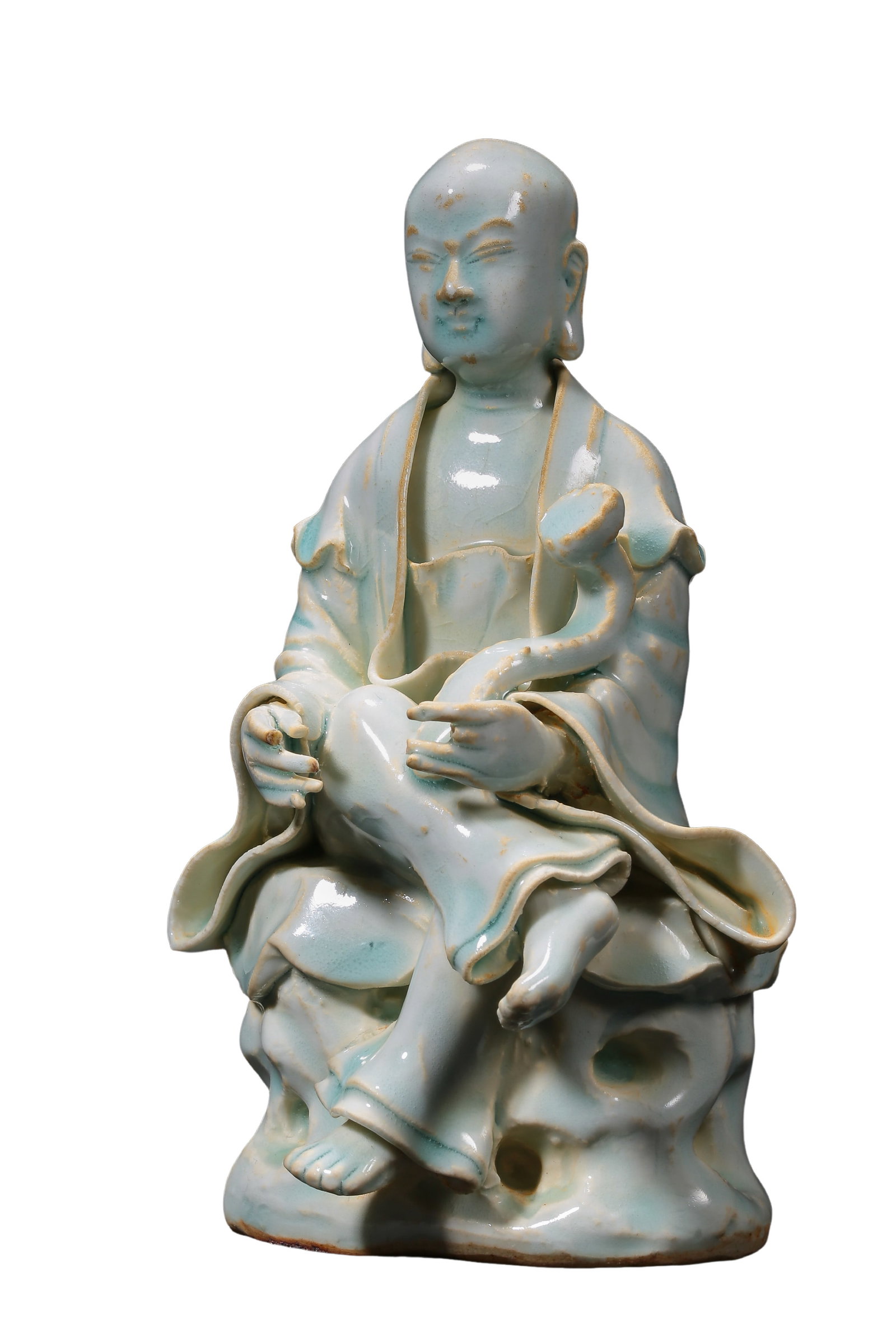 Southern Song Dynasty (12thâ€“13th Century) Jingdezhen Qingbai Glazed Ruyi Arhat Seated Figure: Dimensions: Height 16 cm (6.3 in), Width 10 cm (3.9 in), 12th–13th Century?Condition & Provenance: Good overall condition with natural glaze crazing, original kiln firing characteristics, and expect