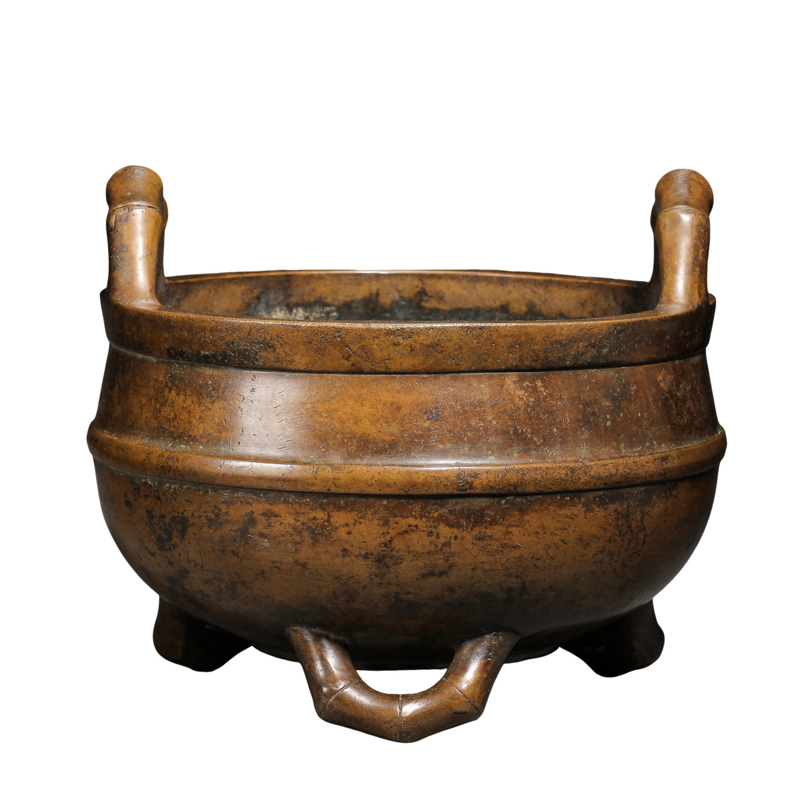 Ming Dynasty, Xuande Period (15th Century) Bronze Bamboo-Section Tripod Censer with Upright Ears,: Dimensions: Diameter 23.5 cm (9.3 in), Height 20 cm (7.9 in), Weight 7.25 kg (15.98 lb), 15th Century?Condition & Provenance: Good overall condition with a mature bronze patina, natural oxidation, sur