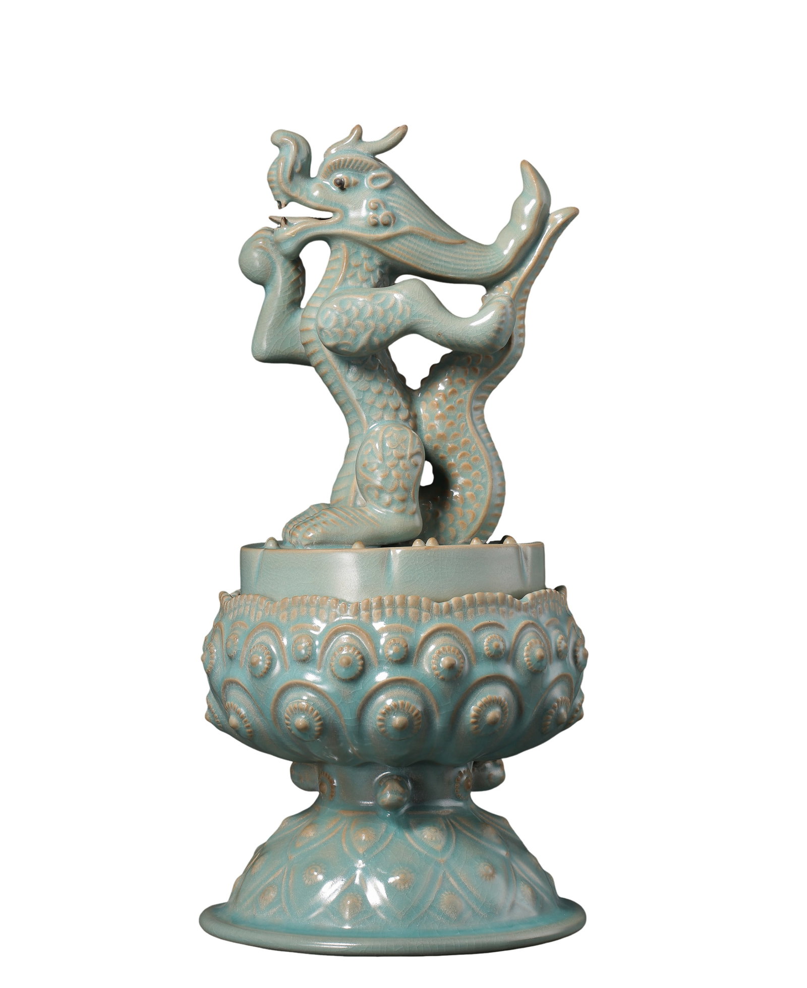 Northern Song Dynasty (11thâ€“12th Century) Ru Ware Sky-Blue Glazed Dragon-Handled Lotus Petal: Dimensions: Height 37 cm (14.6 in), Maximum Width 18 cm (7.1 in), 11th–12th Century?Condition & Provenance: Good overall condition with natural ice-crackle glaze crazing, original kiln characteristi