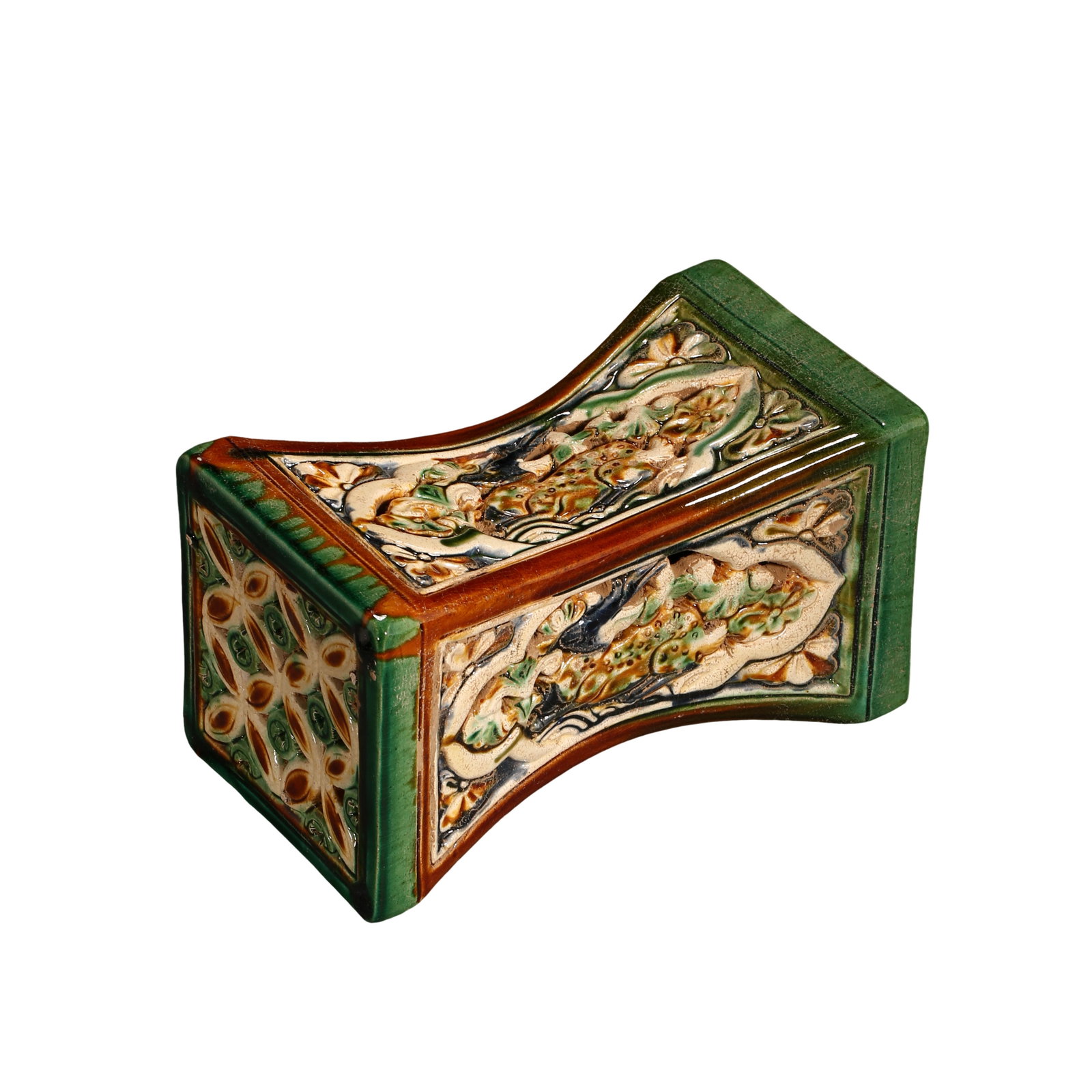 Tang Dynasty (7thâ€“10th Century) Tri-Color Openwork Auspicious Beast and Floral Decorated Ceramic: Dimensions: Length 22 cm (8.7 in), Height 12.5 cm (4.9 in), 7th–10th Century?Condition & Provenance: Good overall condition with the structure intact. The glaze remains well preserved with natural k
