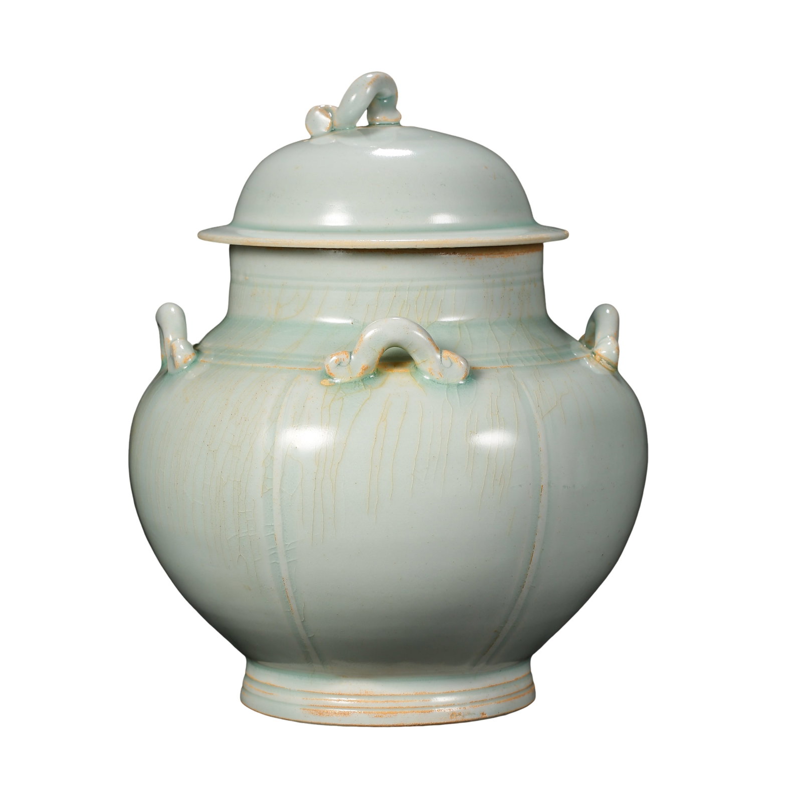 Song Dynasty (10th–13th Century) Hutian Kiln Qingbai Glazed Four-Lug Melon-Form Covered Jar: Dimensions: Mouth Diameter 15 cm (5.9 in), Overall Height 19 cm (7.5 in), 10th–13th Century?Condition & Provenance: The jar and cover are preserved together in good overall condition. The glaze disp