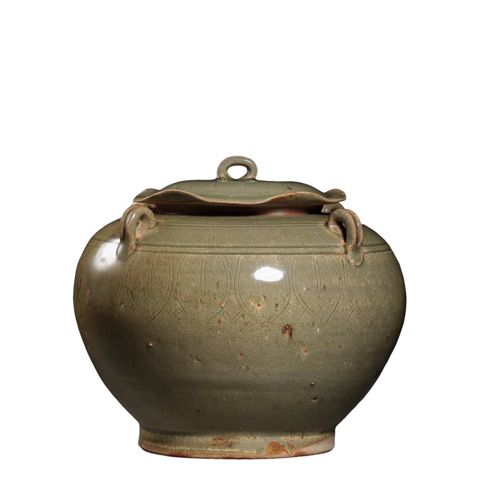 Five Dynastiesâ€“Ten Kingdoms Period (10th Century) Yue Kiln Celadon Carved Lotus Petal Four-Loop: Dimensions: Height 19.5 cm (7.7 in), Mouth Diameter 21 cm (8.3 in), 10th Century?Condition & Provenance: The jar is preserved in good overall condition with a complete form. The celadon glaze displays