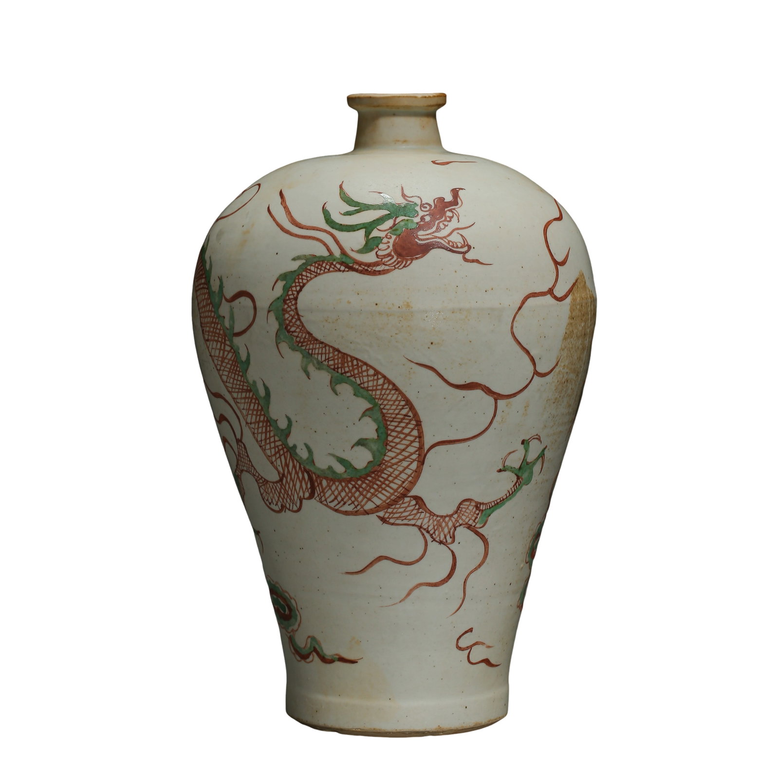 Yuan?Period Red?and?Green?Glazed Dragon?Pattern Plum Vase: Dimensions:Overall height 22.5cm(8.86in),mouth diameter 3.6cm(1.42in),13th?14th?Century?Condition & Provenance:The plum vase retains complete original form. The body is painted in red?and?green over?g