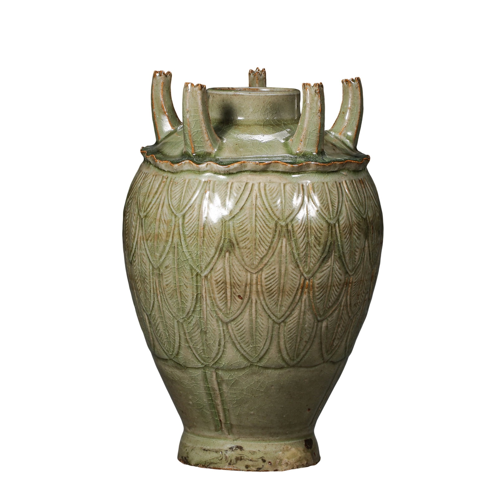 Five Dynasties–Northern Song Yue Ware Celadon Five-Tube Vase with Carved Lotus Petal Decoration: Dimensions: Height 27 cm (10.63 in), Maximum Diameter 16 cm (6.30 in) | Century: 10th–11th Century?Condition & Provenance: Well preserved overall with an intact form. The surface displays an attract