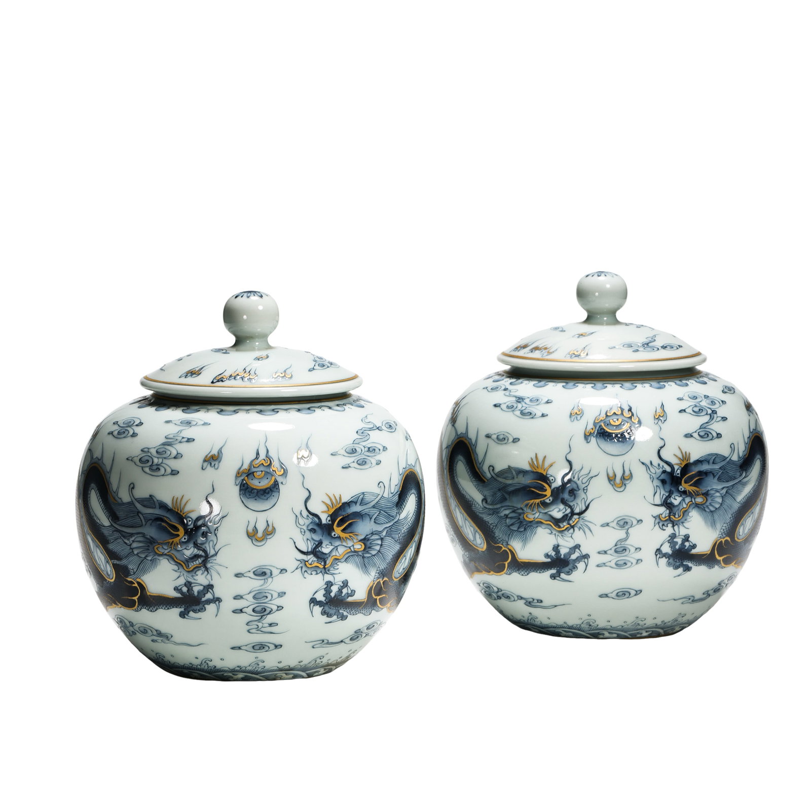 Contemporary “Jing Ji Zhen Pin?? Mark Celadon Crackle-Glazed Blue-and-White Gilt-Decorated Twin: Dimensions: Height 12.5 cm (4.92 in) each, Mouth Diameter 11 cm (4.33 in) | Century: 21st Century?Condition & Provenance: Preserved as a complete original pair with matching covers. Free from cracks, 