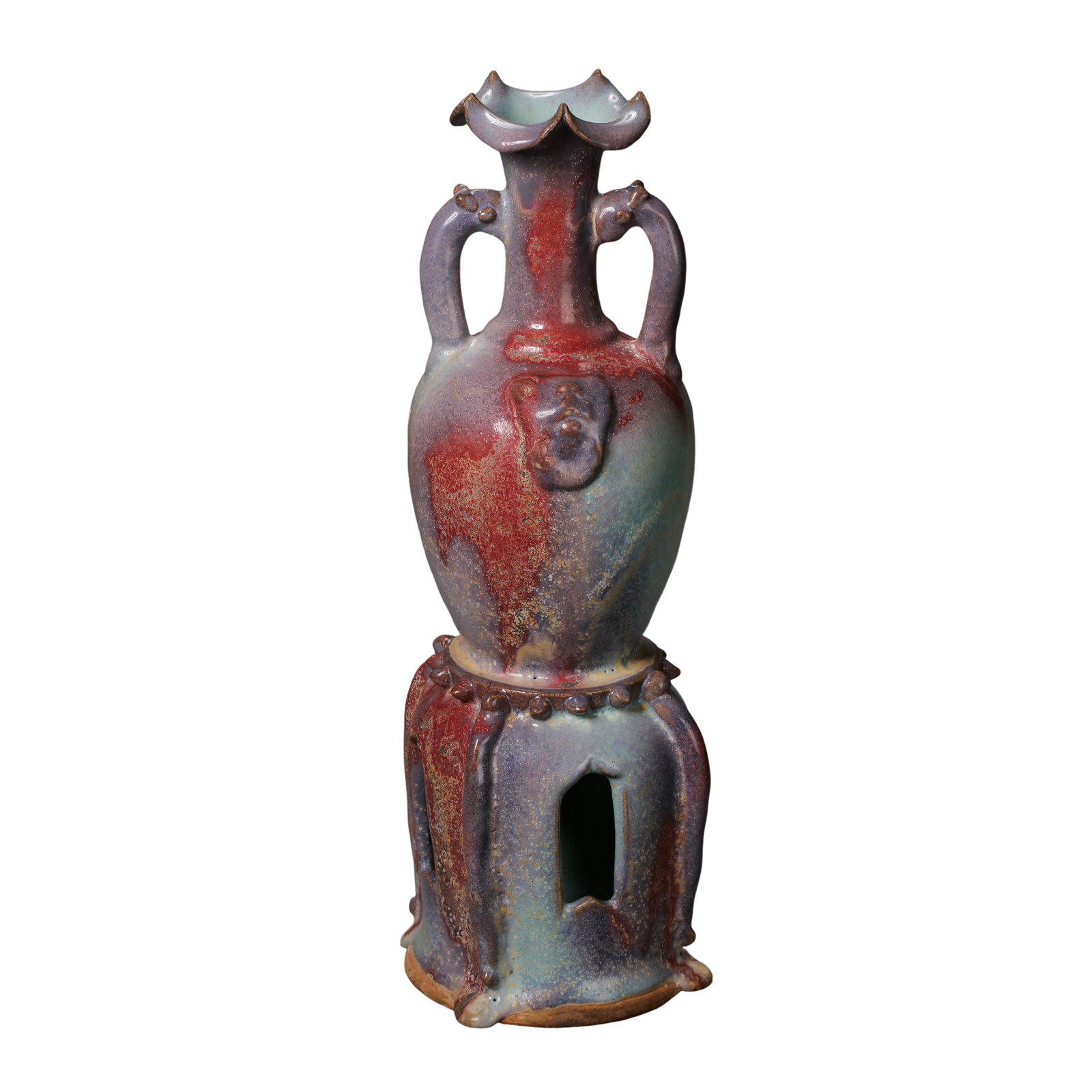 Song Dynasty Jun Ware Sky-Blue Glazed Vase with Rose-Purple FlambÃ© Splashes, Beast-Head Handles,: Dimensions: Height 42 cm (16.54 in), Maximum Rim Width 9 cm (3.54 in) | Century: 12th Century | Song Dynasty?Condition & Provenance: Provenance: From a private Hong Kong collection, acquired through t