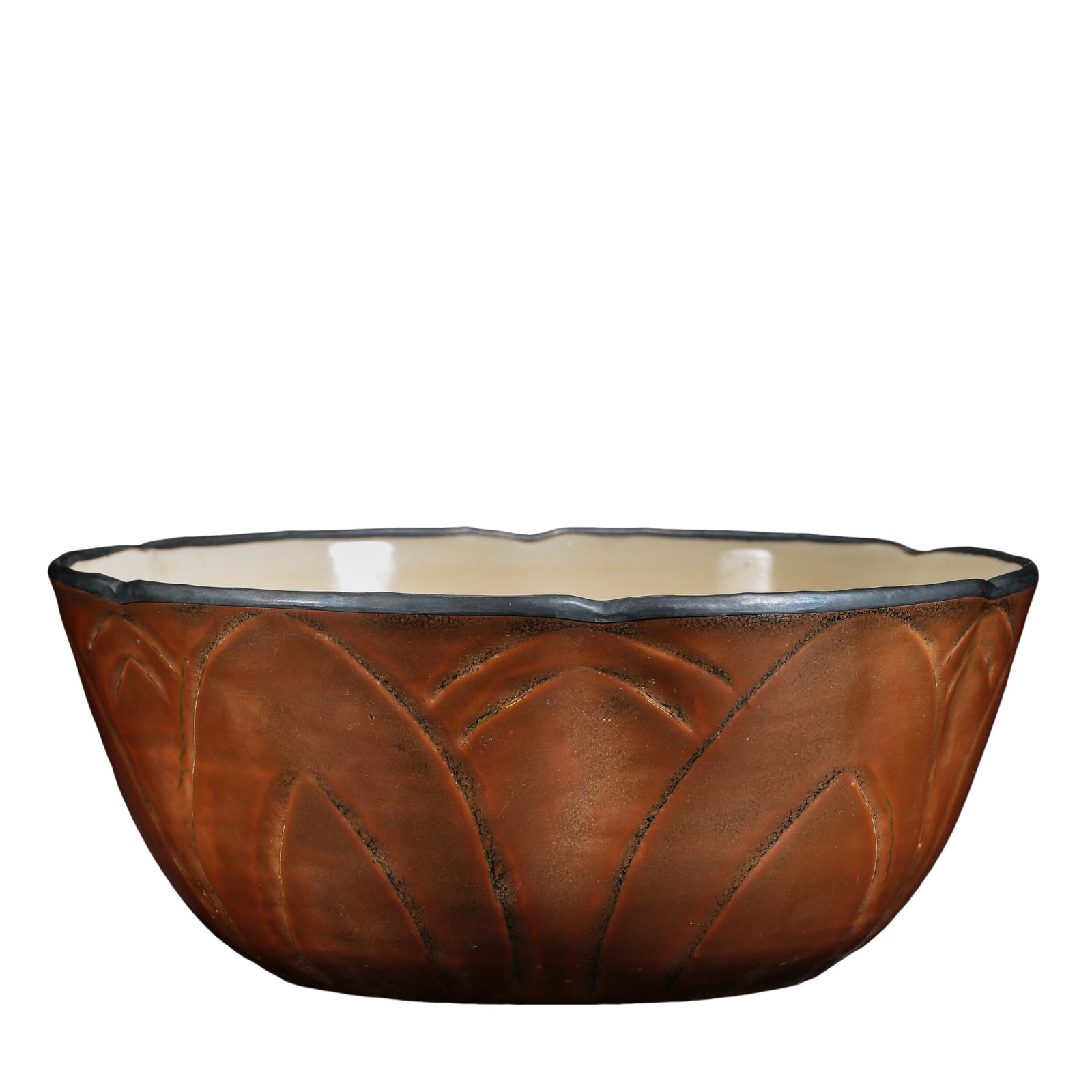 Northern Song Dynasty Ding Kiln Russet-Glazed Lobed Bowl with Incised Lotus-and-Child Design, "Guan": Dimensions: Diameter 19.8 cm (7.80 in), Height 8 cm (3.15 in) | Century: 12th Century | Northern Song Dynasty, Ding Kiln?Condition & Provenance: Provenance: Formerly in a private Hong Kong collection,