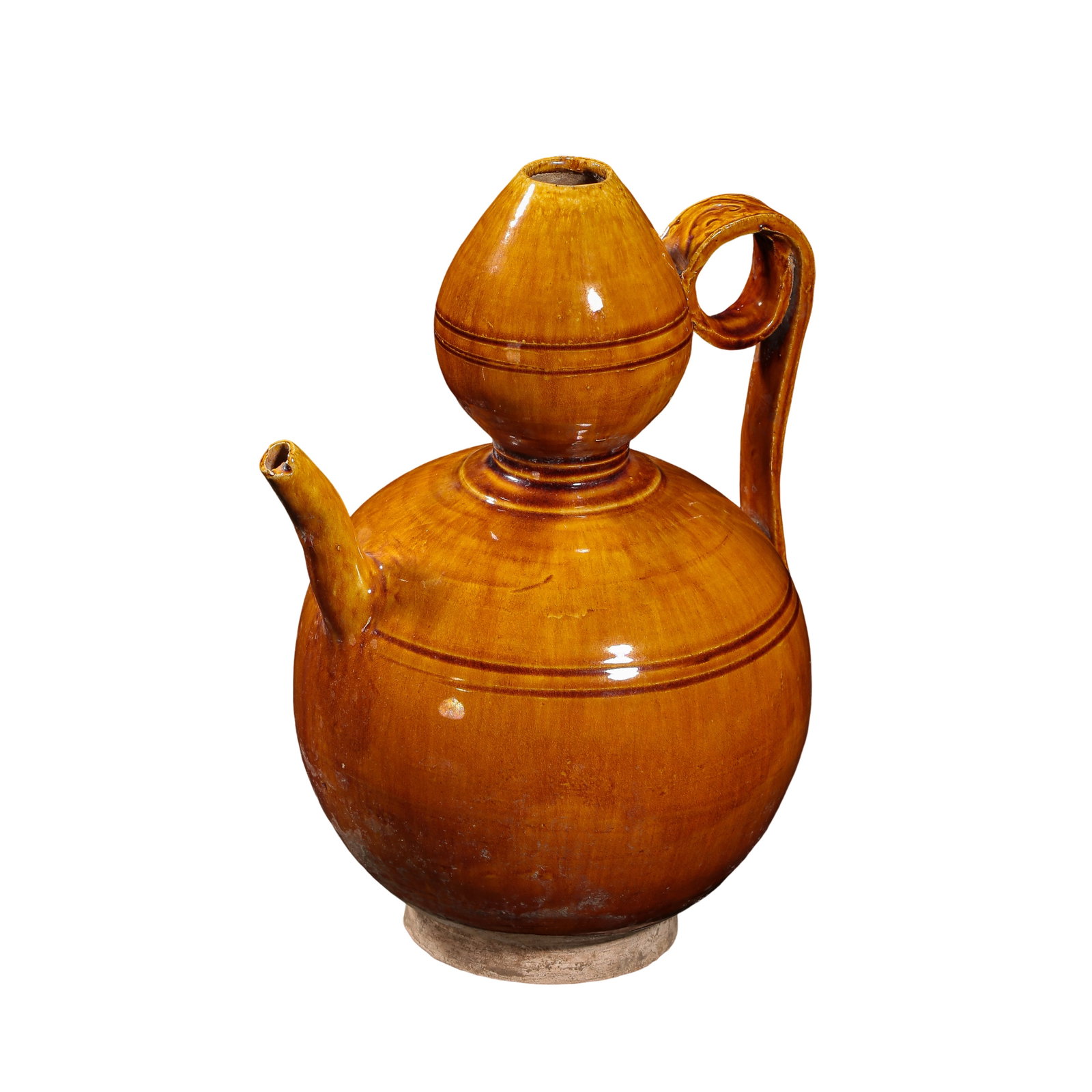 Liao?Jin?Period Yellow?Glazed Gourd?Shaped Ewer: Dimensions:Overall height 22cm(8.66in),maximum diameter 16cm(6.30in),10th?13th Century?Condition & Provenance:The ewer is complete in form,integrated spout and loop handle are intact.The surface retai