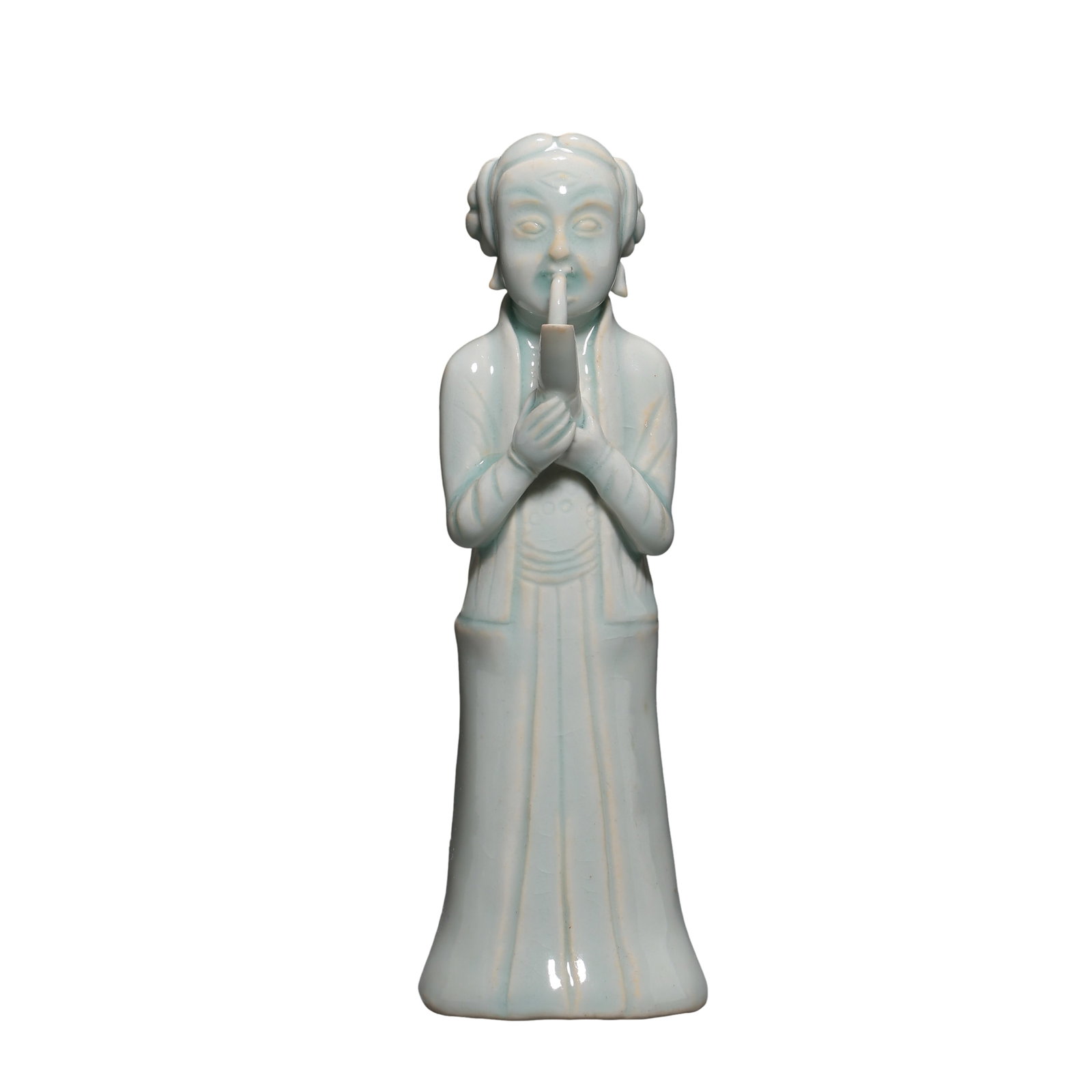 Southern Song Dynasty Hutian Kiln Qingbai-Glazed Female Musician Figure, 12thâ€“13th Century: Dimensions: Height: 18 cm (7.09 in); Maximum Width: 6 cm (2.36 in); Century: 12th–13th Century?Condition & Provenance: Preserved in excellent overall condition with no visible breaks, chips, or repa