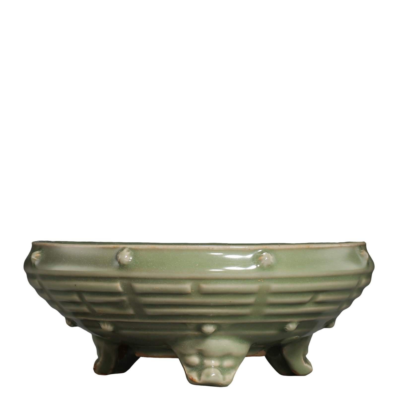 Southern Song Dynasty Longquan Celadon Tripod Incense Burner with Bosses and Bagua Design,: Dimensions: Rim Diameter: 17.5 cm (6.89 in); Height: 6.7 cm (2.64 in); Century: 12th–13th Century?Condition & Provenance: Preserved in excellent condition with no visible cracks, chips, or repairs. 