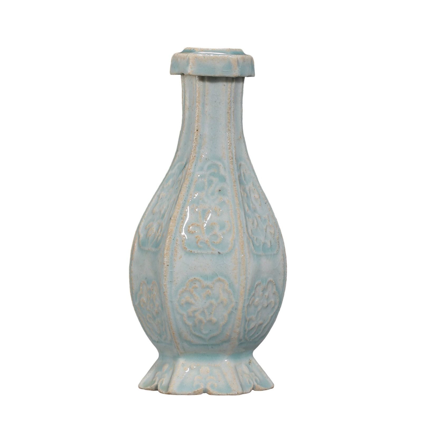 Southern Song Dynasty Hutian Kiln Qingbai-Glazed Molded Floral Hexagonal Vase, 12thâ€“13th Century: Dimensions: Height 15.2 cm (5.98 in); Mouth Diameter 3.8 cm (1.50 in); Century: 12th–13th Century?Condition & Provenance: The vase is well preserved with a crisp hexagonal profile and sharply define
