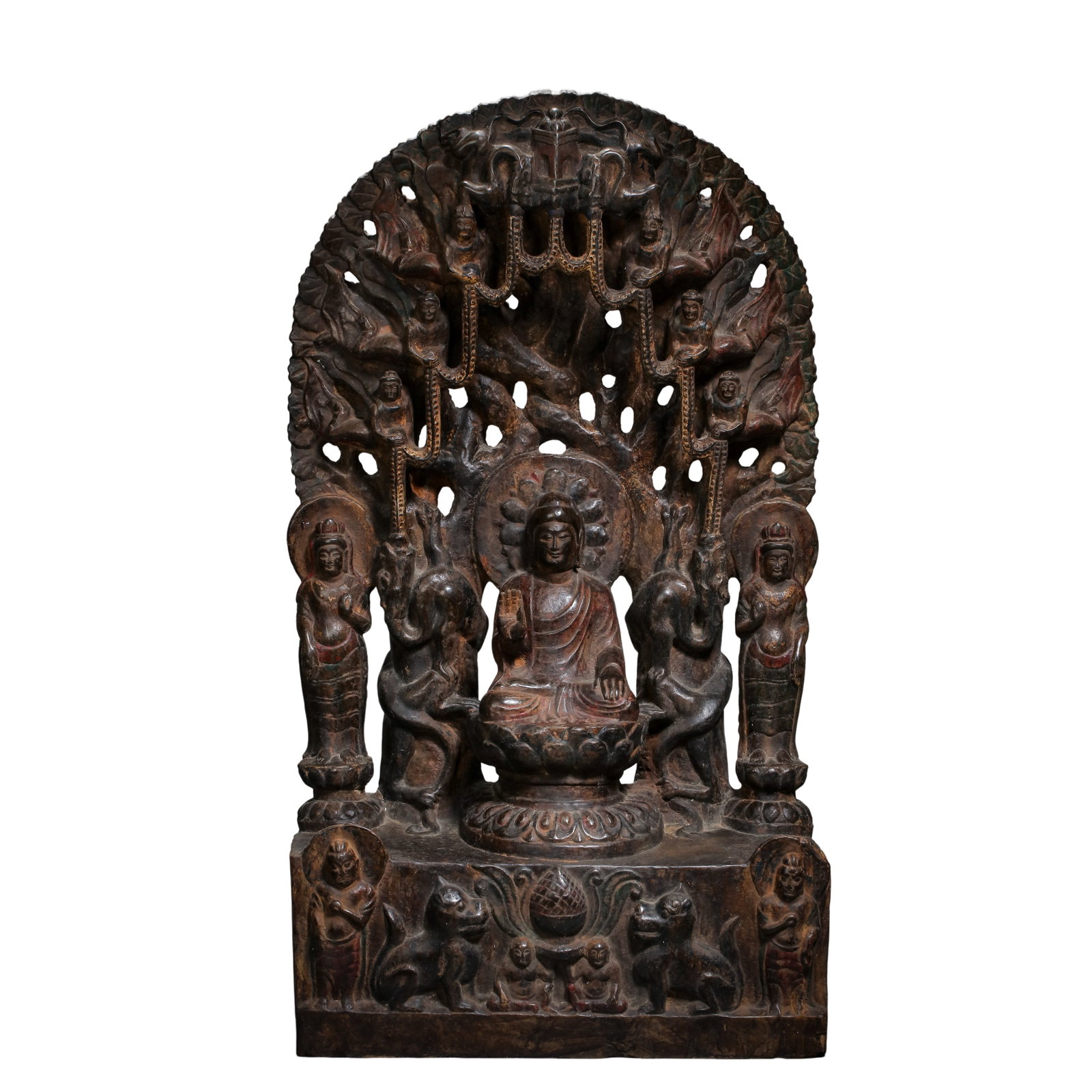 Northern?Wei?Period Polychrome Wood?Carved Shakyamuni Buddha With Mandorla: Dimensions: Height 86 cm (33.86 in), Width 49 cm (19.29 in), 5?6th Century?Condition & Provenance: The complete main figure group survives. Wood shows genuine age?related drying and aging, portions of