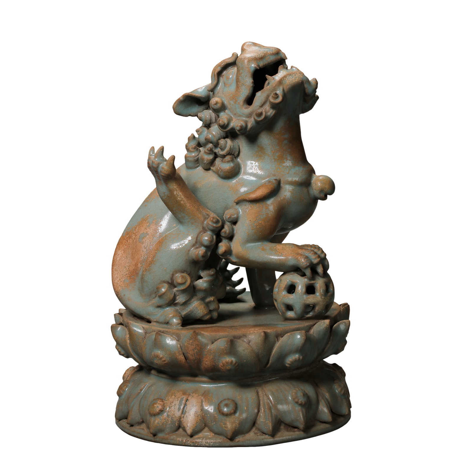 Song Dynasty Ru Kiln Sky-Celadon Glazed Mythical Lion Sculpture on Double Lotus Stand: Dimensions (Era + Metric + Imperial): Song Dynasty, Overall Height 25cm (9.84 Inches), Base Diameter 15cm (5.91 Inches)Condition & Provenance: Fully intact with no cracks, chips or missing fragments; 