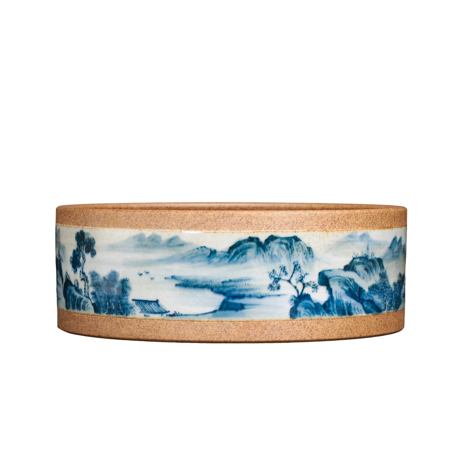 Qianlong Period, Qing Dynasty Zisha-Body Blue-and-White Landscape Brush Washer: Dimensions: Diameter 23.5 cm (9.25 in), Height 8.5 cm (3.35 in), 18th Century.?Condition & Provenance: Excellent overall condition with no cracks, chips, or repairs. The blue-and-white decoration rema