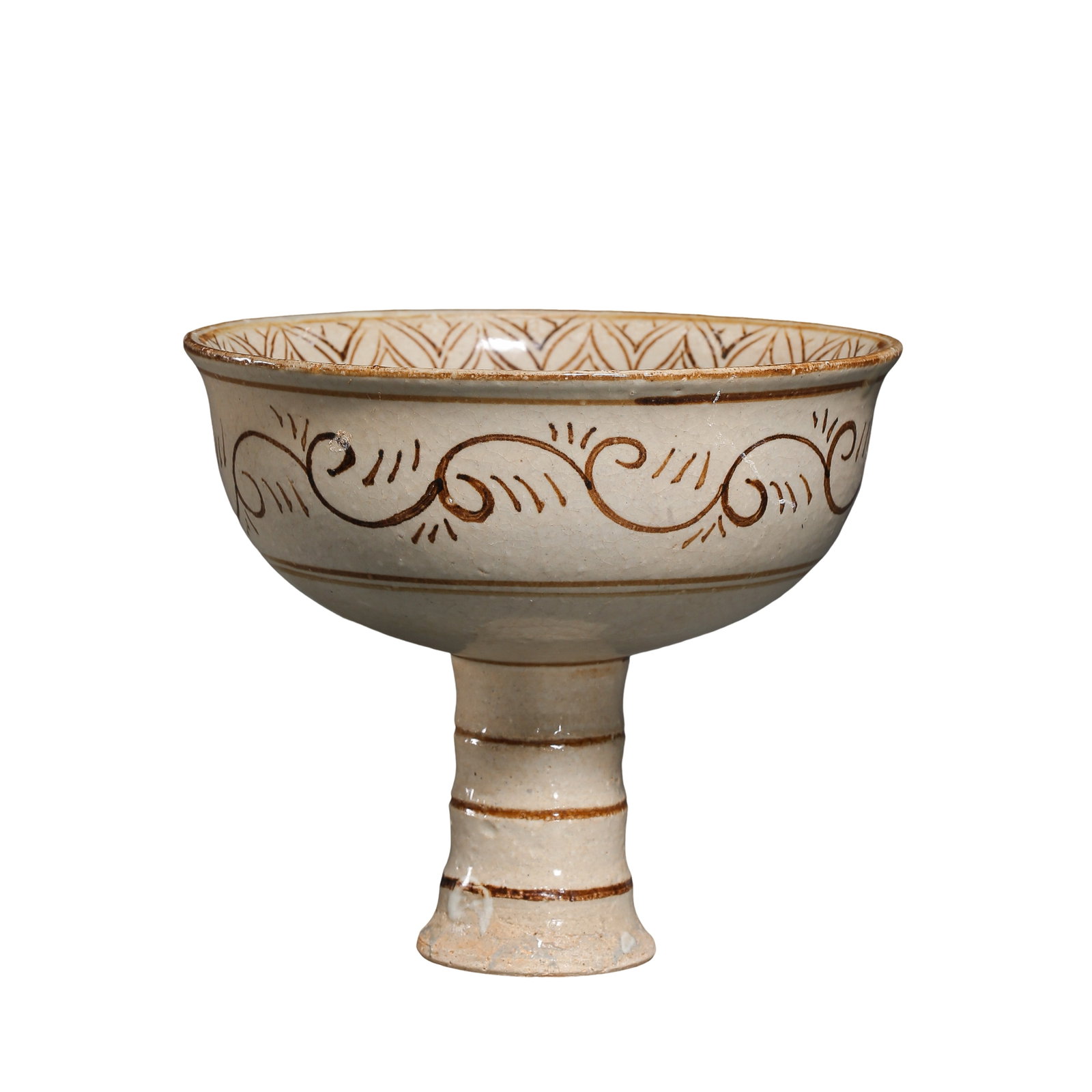 Yuan Dynasty Cizhou Ware White-Glazed Brown-Decorated Stem Cup with Floral Scroll Design: Dimensions: Rim Diameter 13 cm (5.12 in), Height 11.5 cm (4.53 in), 13th–14th Century.Condition & Provenance: Excellent overall condition with no cracks, chips, or repairs. The creamy white glaze re