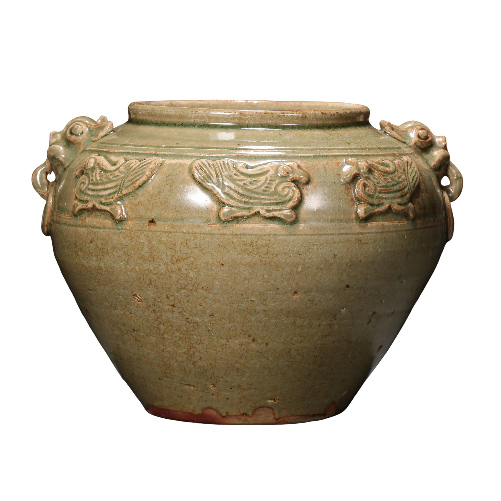 Five?Dynasties?Period Yue?Ware Celadon Jar With Applied Phoenix Motifs and Beast?Head (1 of 11)