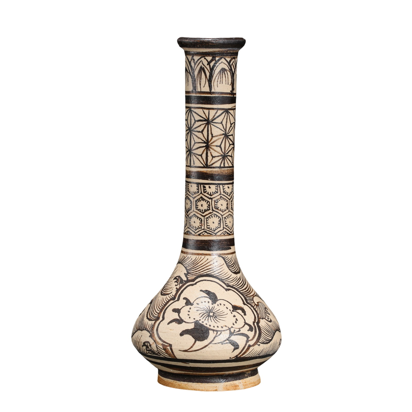Song Dynasty Jizhou Kiln White-Glazed Brown-Painted Long-Neck Vase with Geometric Diaper and Floral: Dimensions: Mouth Diameter 3.8 cm (1.50 in), Height 19.2 cm (7.56 in), 10th–13th Century.Condition & Provenance: In excellent overall condition. Free from cracks, chips, or restorations. The white s