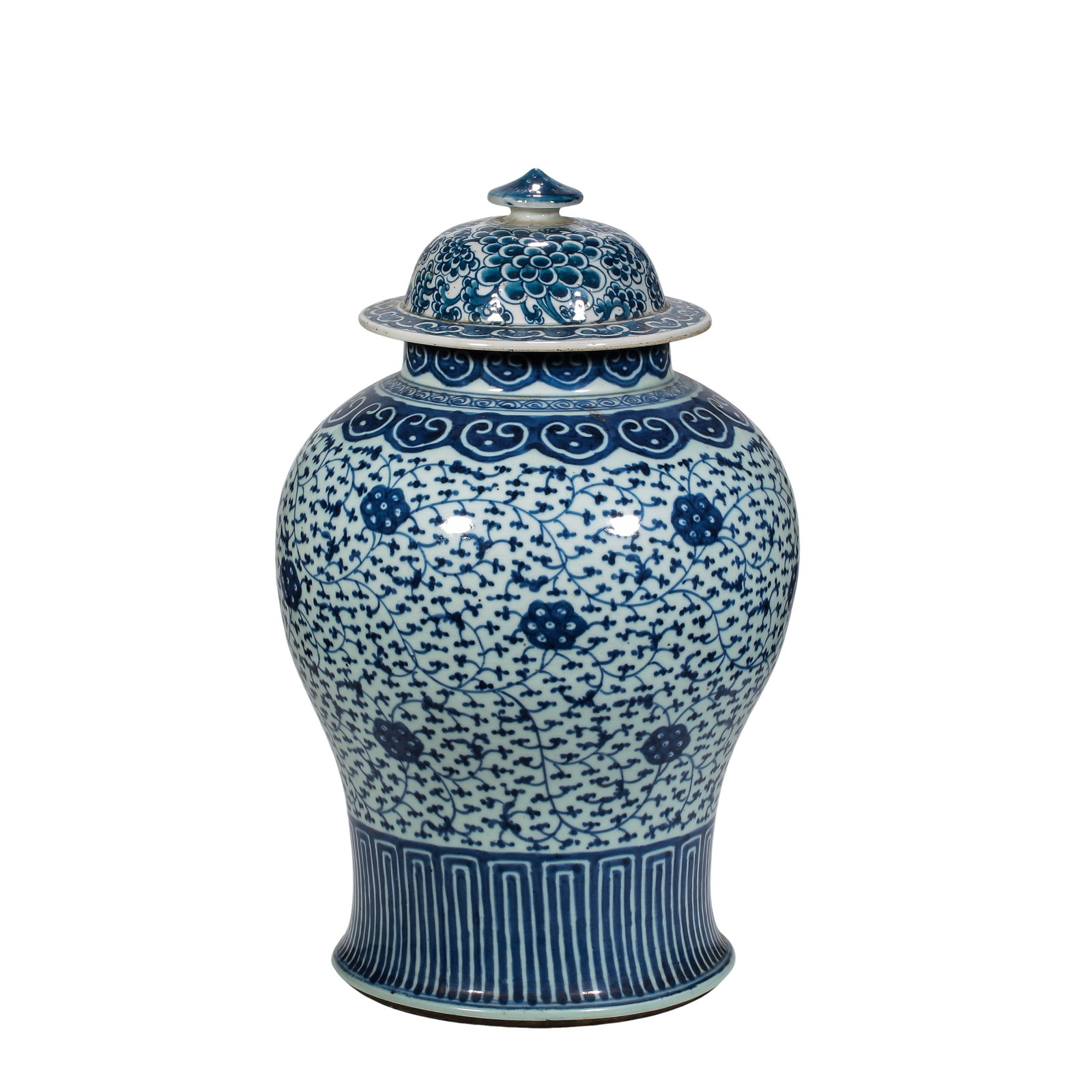 Mid Qing Dynasty Blue and White "General's Jar" with Interlaced Lotus Scroll Decoration: Dimensions: Overall height 42 cm (16.54 in / 1.38 ft); lid diameter 17.5 cm (6.89 in); 18th Century?condition & Provenance: Complete with its original matching lid. The jar is free of cracks, repairs,