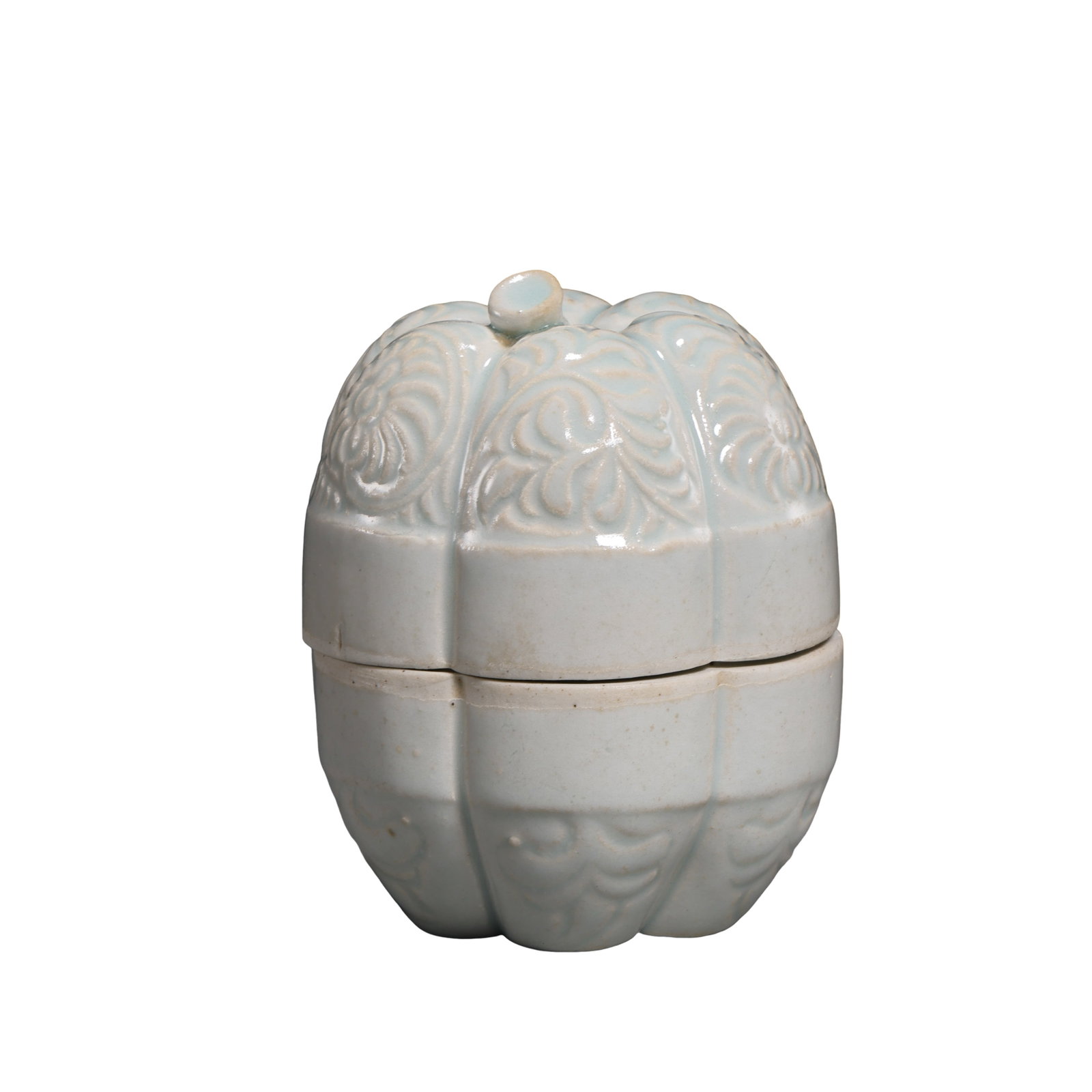 Song Dynasty Hutian Kiln Qingbai-Glazed Molded Floral Melon-Form Cosmetic Box: Dimensions: Diameter 7.8 cm (3.07 in); Height 9.5 cm (3.74 in); 12th Century?Condition & Provenance: Complete with its original matching cover. The lid fits securely, and the box remains free from cra