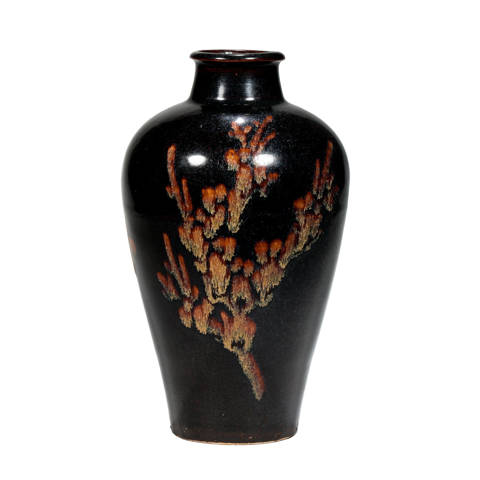 Song Dynasty Jizhou Kiln Black-Glazed Meiping Vase with Sancai-Style Splashed Pine Branch Decoration: Dimensions: Height 19 cm (7.48 in), Mouth Diameter 4.5 cm (1.77 in); 12th–13th Century?Condition & Provenance: Preserved in excellent overall condition with no cracks or chips. The glossy black glaz