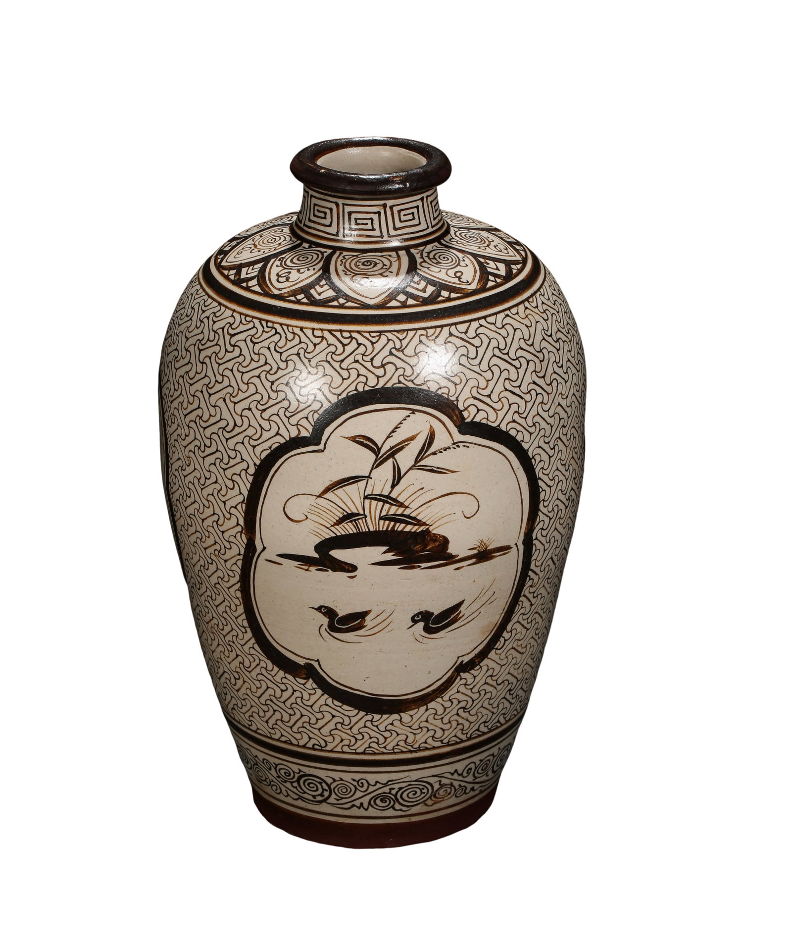Yuan Dynasty (1271–1368) Jizhou Kiln Cizhou-style Painted Mei Vase with Floral Panels and Mandarin (1 of 10)
