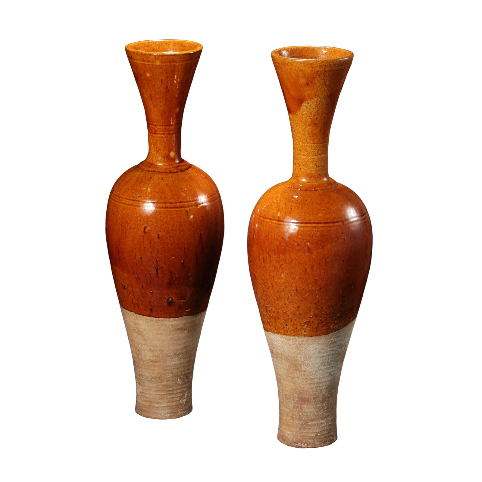Liao Dynasty (10thâ€“12th Century) Pair of Yellow-Glazed Tall-Neck Flared-Mouth Vases: Dimensions: Each vase height 38.5 cm (15.2 in, 1.26 ft), mouth diameter 7.7 cm (3.0 in, 0.25 ft), 10th–12th Century, Liao Dynasty, weight not providedCondition & Provenance: The pair is well preserv