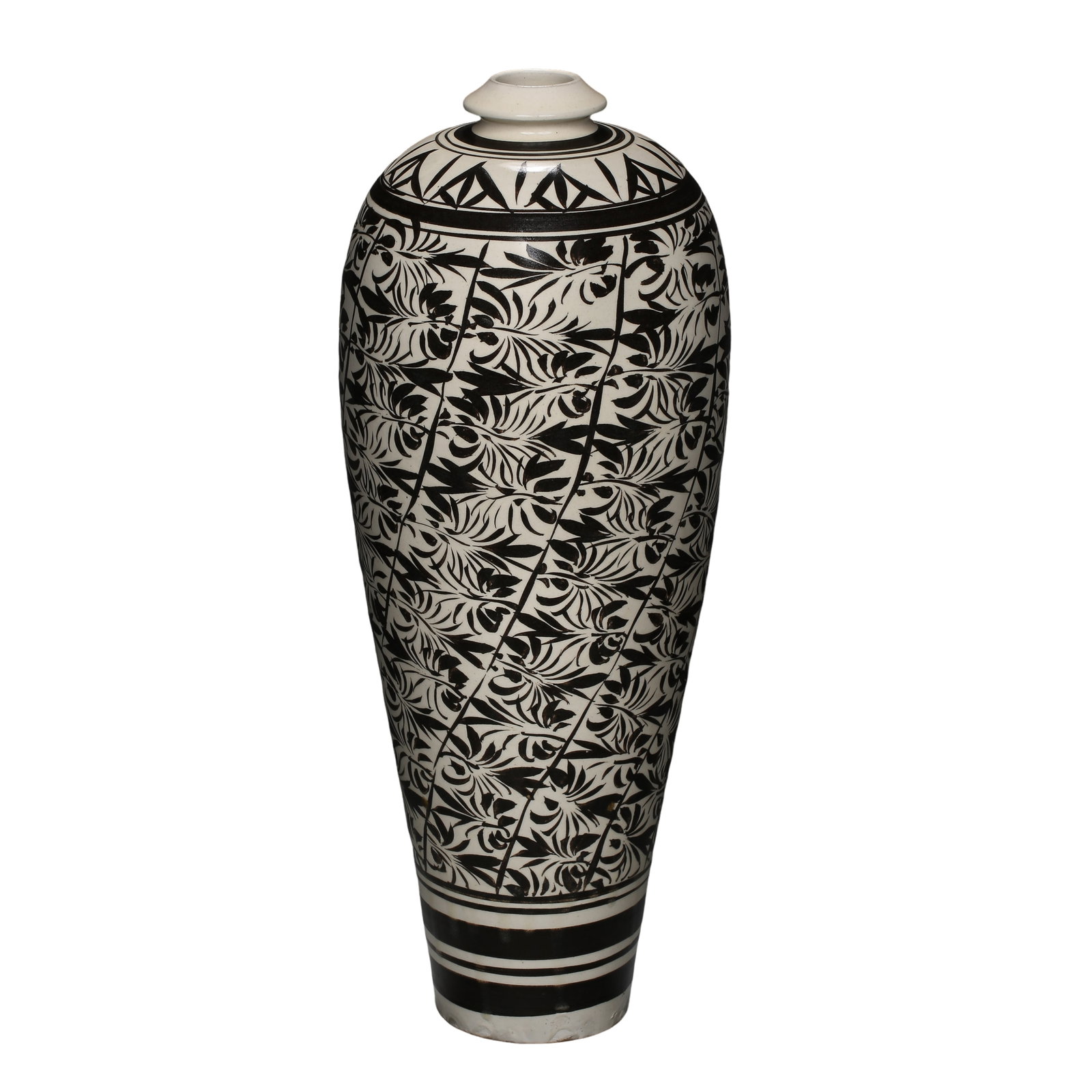 Song–Jin Dynasty (12th Century) Cizhou Kiln Black Painted Floral Meiping Vase on White Ground: Dimensions: H 44.5 cm (17.5 in / 1.46 ft), Mouth Diameter 6.5 cm (2.6 in / 0.21 ft), 12th Century, Weight: Not providedCondition & Provenance: Good overall condition with a complete body, well-preserv