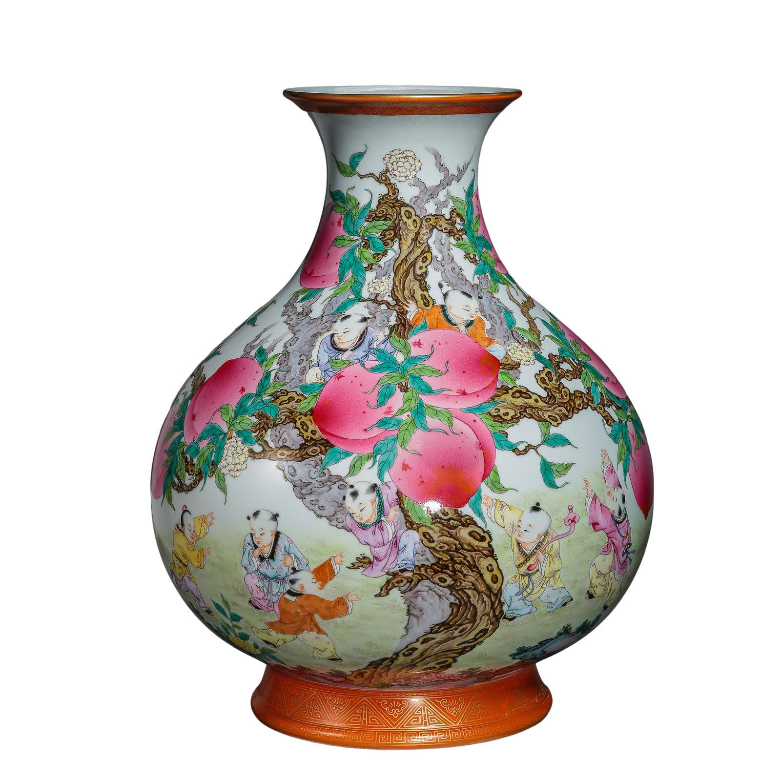 Qianlong Period, Qing Dynasty (1736â€“1795) | Famille-Rose â€œNine Boys Climbing the Peach Tree: Size: Height 52cm (20.5in, approx. 1.71ft), Mouth Diameter 19cm (7.5in), 18th Century, Qianlong Period, Qing DynastyCondition & Provenance: Overall well preserved with a smooth and lustrous glaze surf