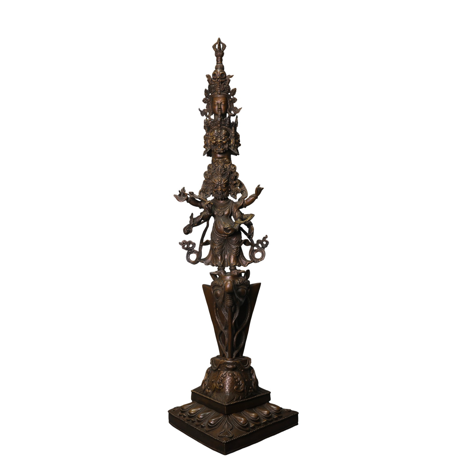 18th Century Tibetan Copper Four-Armed Vajrakilaya Phurba Ritual Sculpture: Dimensions: Height 101 cm (39.8 in, approx. 3.3 ft); main deity section height 34 cm (13.4 in); Weight 11.3 kg (24.9 lbs); Qing Dynasty, 18th Centurycondition & Provenance: Well preserved with a natur