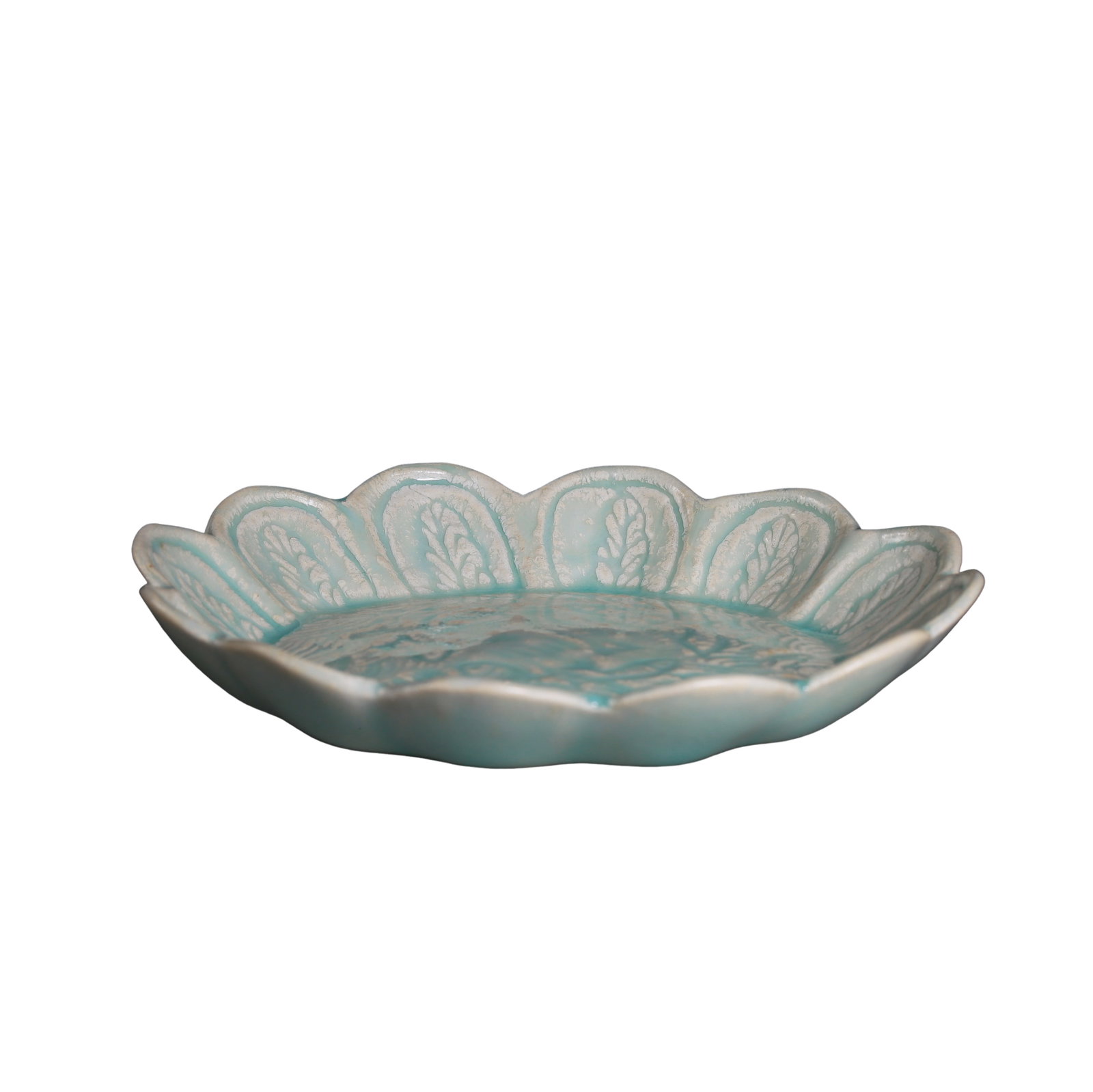 Song Dynasty Hutian Kiln Qingbai Glazed Molded Fish and Aquatic Plant Pattern Lobed Dish: Dimensions: Diameter 12.3 cm (4.84 inches), Height 2 cm (0.79 inches); 10th–13th Century, Song DynastyCondition & Provenance: Excellent condition with well-preserved glaze and complete form. The bas