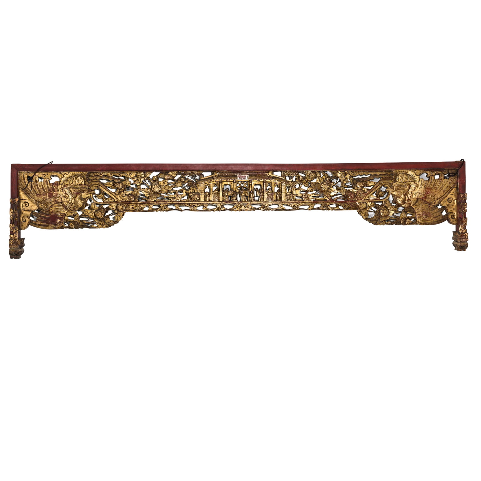 Qing Dynasty (18th–19th Century) Red Lacquer and Gilt Openwork Double Phoenix Pavilion Figure Wood: Dimensions: Length 192 cm (75.6 in / 6.3 ft), Height 39 cm (15.4 in / 1.28 ft), 18th–19th CenturyCondition & Provenance: Condition: Overall well preserved, with original red lacquer and gilt decorat