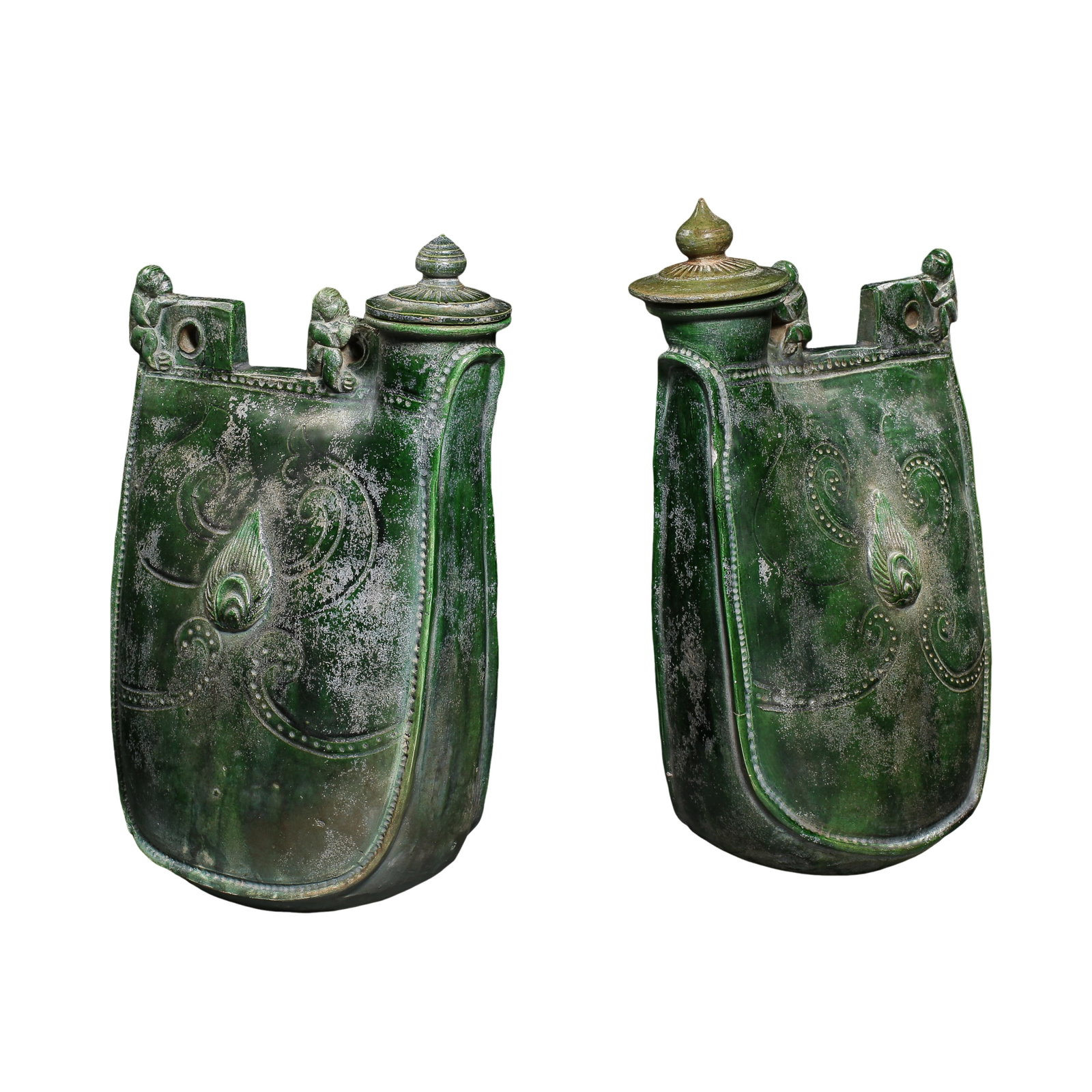 Liao?Jin?Period Green?Glazed Leather?Bag?Style Ewer With Applied Figure Ornaments: Dimensions: Width 19 cm (7.48 in), Height 29 cm (11.42 in), 10?13th Century?Condition & Provenance: The ewer survives complete with its original matching lid, no major cracks on body. Glaze surface be